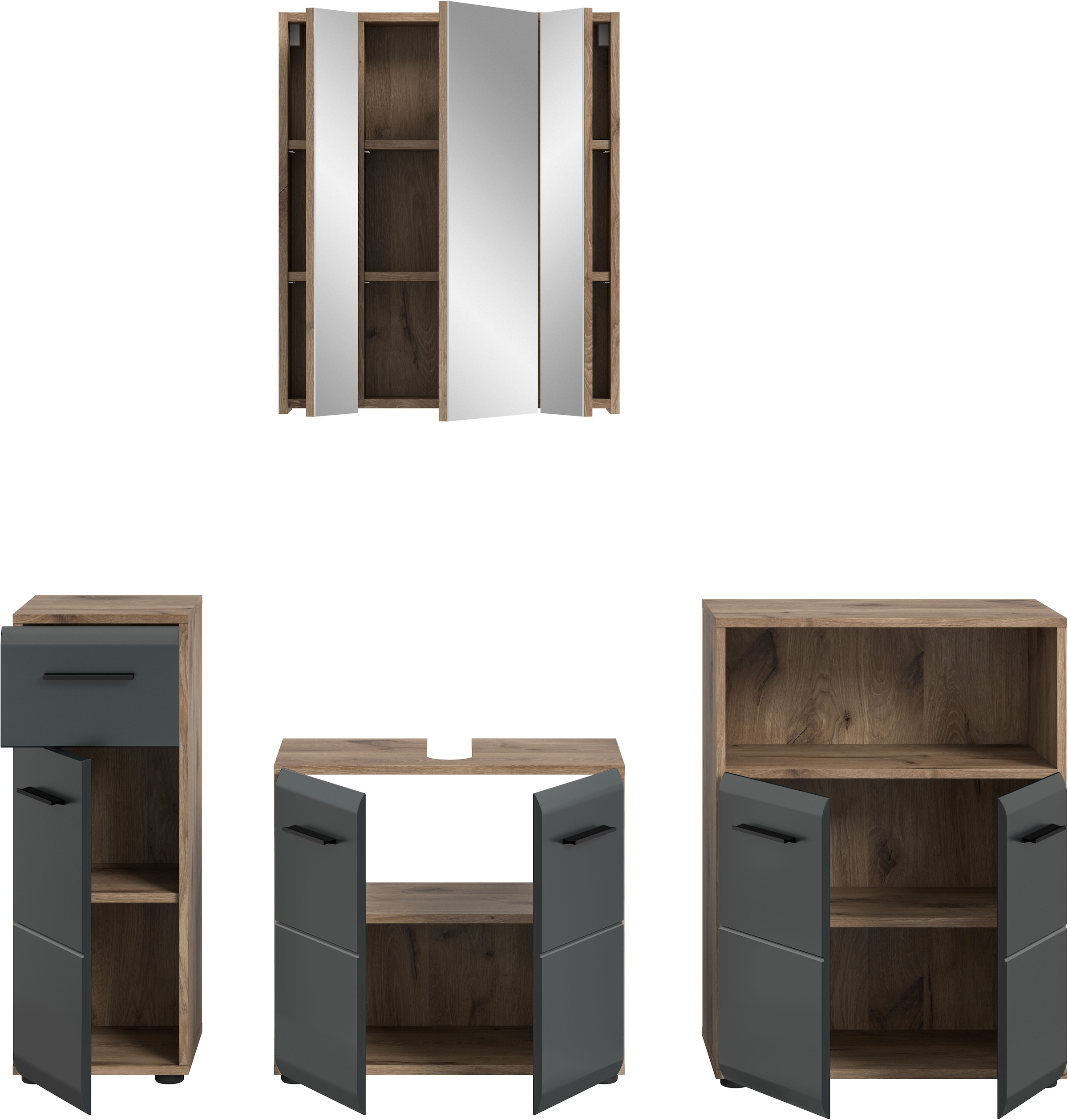 welltime Badmöbel-Set »FLORENZ,  4-teilige Badkombination, hochwertige MDF-Front« Set, Unterschrank, Waschbeckenunterschrank, Spiegelschrank, Midischrank, 4 Stk. tlg.
