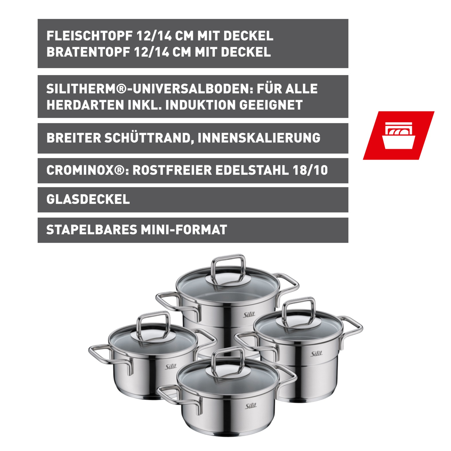 Silit Topf-Set »Extra Cook Induktion, Kochgeschirr-Set mit Glasdeckel, Inne günstig online kaufen