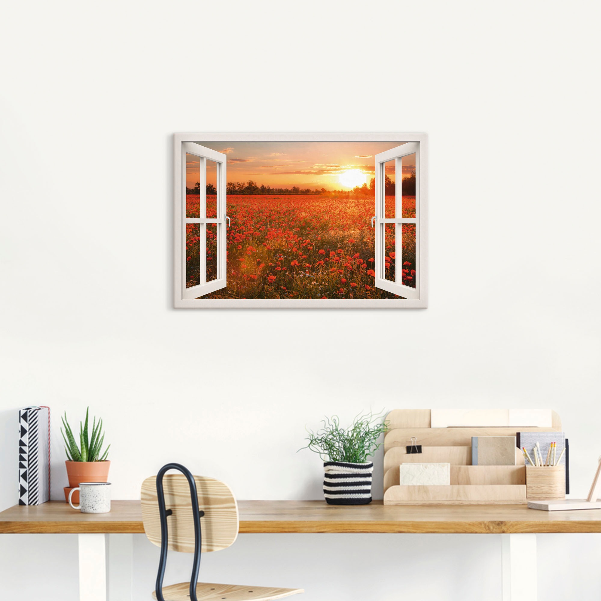 Artland Wandbild »Fensterblick Mohnblumenfeld« Blumen 1 Stk. tlg. als Leinw günstig online kaufen