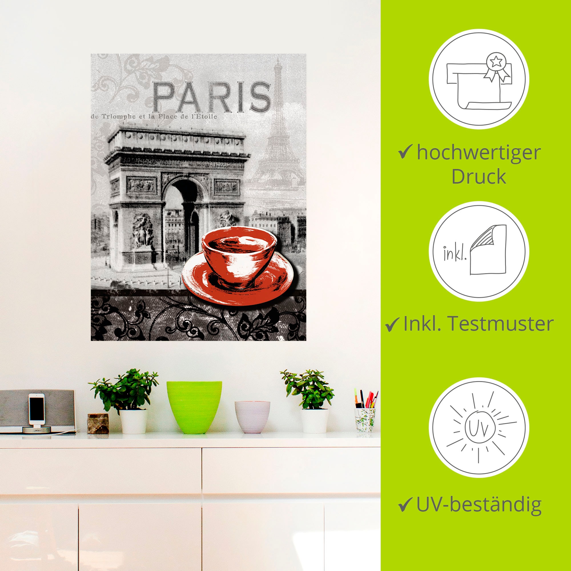Artland Wandbild »Paris - Café au Lait - Milchkaffee«, Gebäude, (1 St.), als Alubild, Outdoorbild, Leinwandbild, Poster, Wandaufkleber