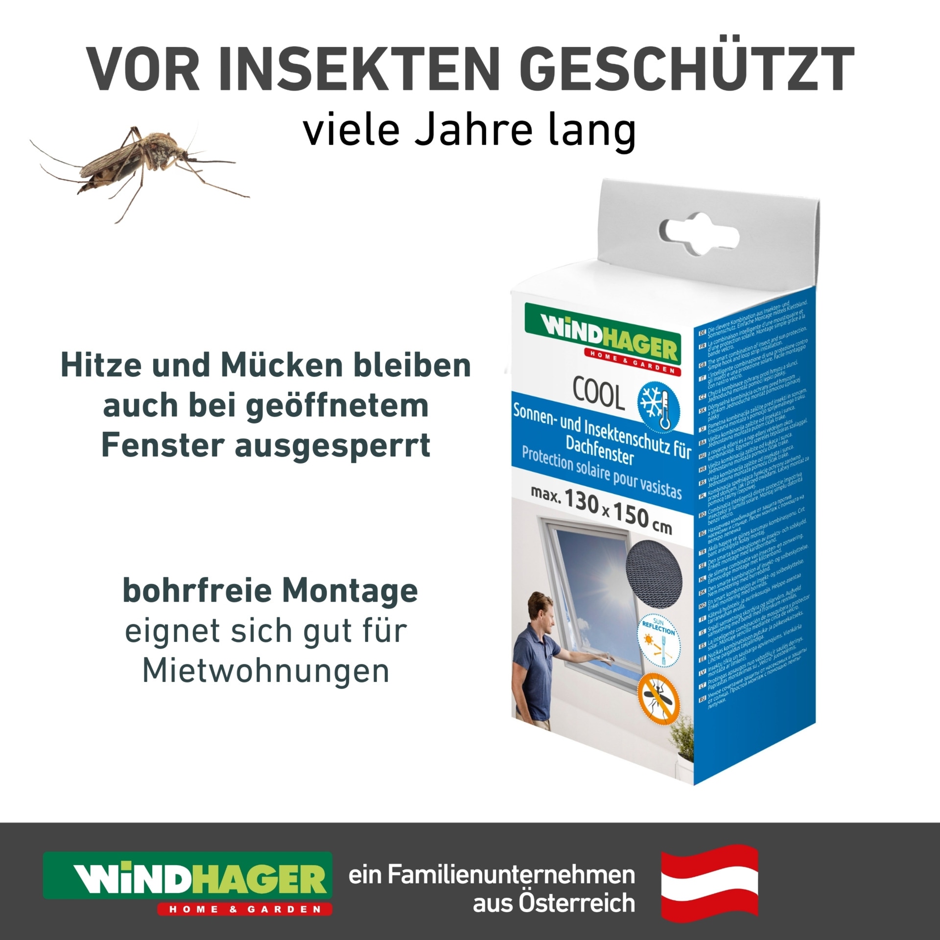 Windhager Insektenschutzrollo »für Dachfenster mit Reißverschluss, COOL Sonnenschutz Fliegengitter« transparent ohne Bohren reflektierender Insektenschutz ohne bohren, 130 x 150 cm, anthrait