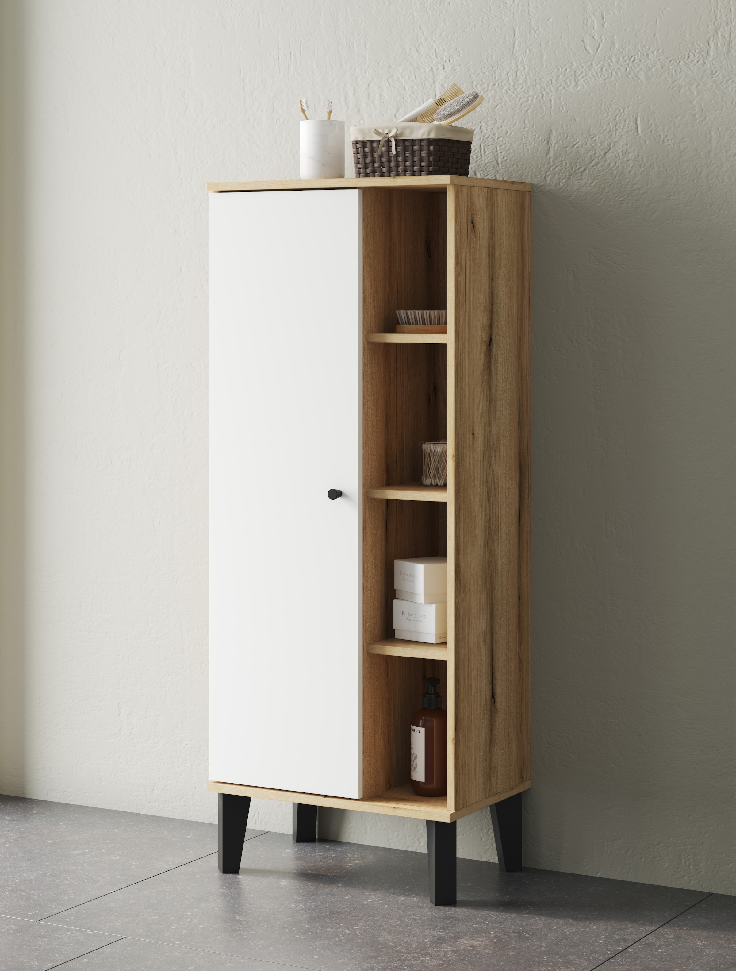 INOSIGN Stauraumschrank »Oslo, Badschrank mit Knopfgriff, Hochschrank im skandinavischen Design«, in der Türfarbe Weiß oder Grau verfügbar, ausreichend Stauraum