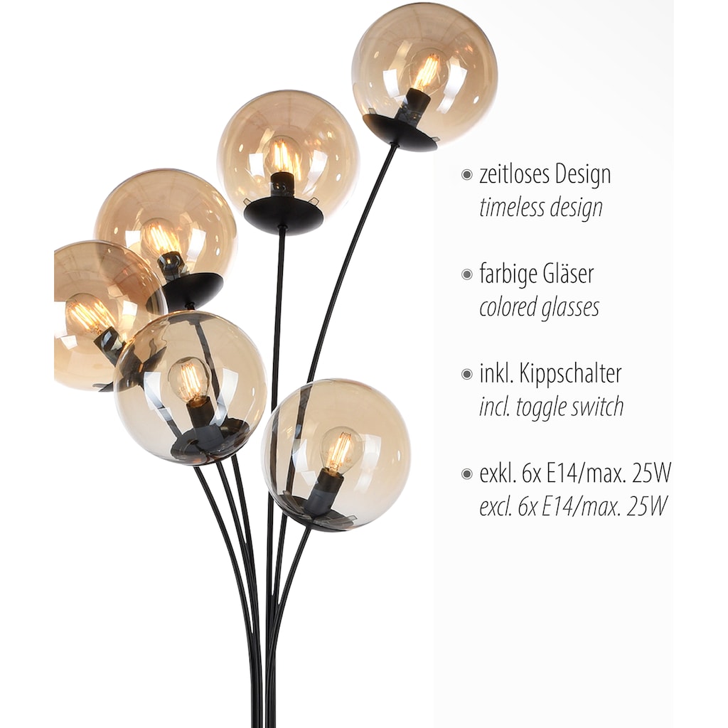andas Stehlampe »Nymölla«, 6 flammig-flammig, mit großen amberfarbigen Glaskörpern, schwarz lackiert Oberfläche