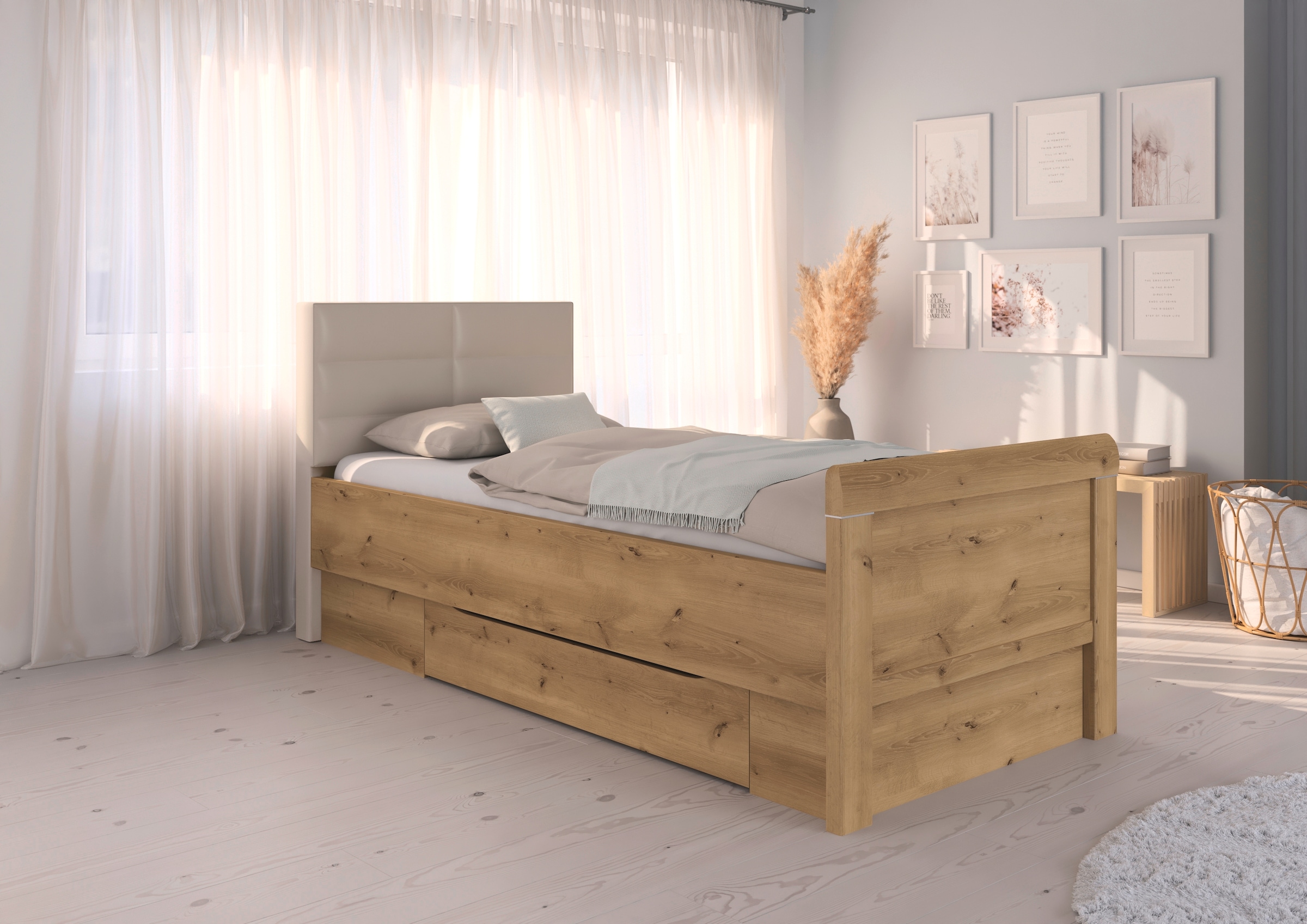 rauch Stauraumbett »Bett Einzelbett Stollenbett Bettkästen EVELYN«, in Komforthöhe mit Polsterkopfteil sowie Schubladen MADE IN GERMANY