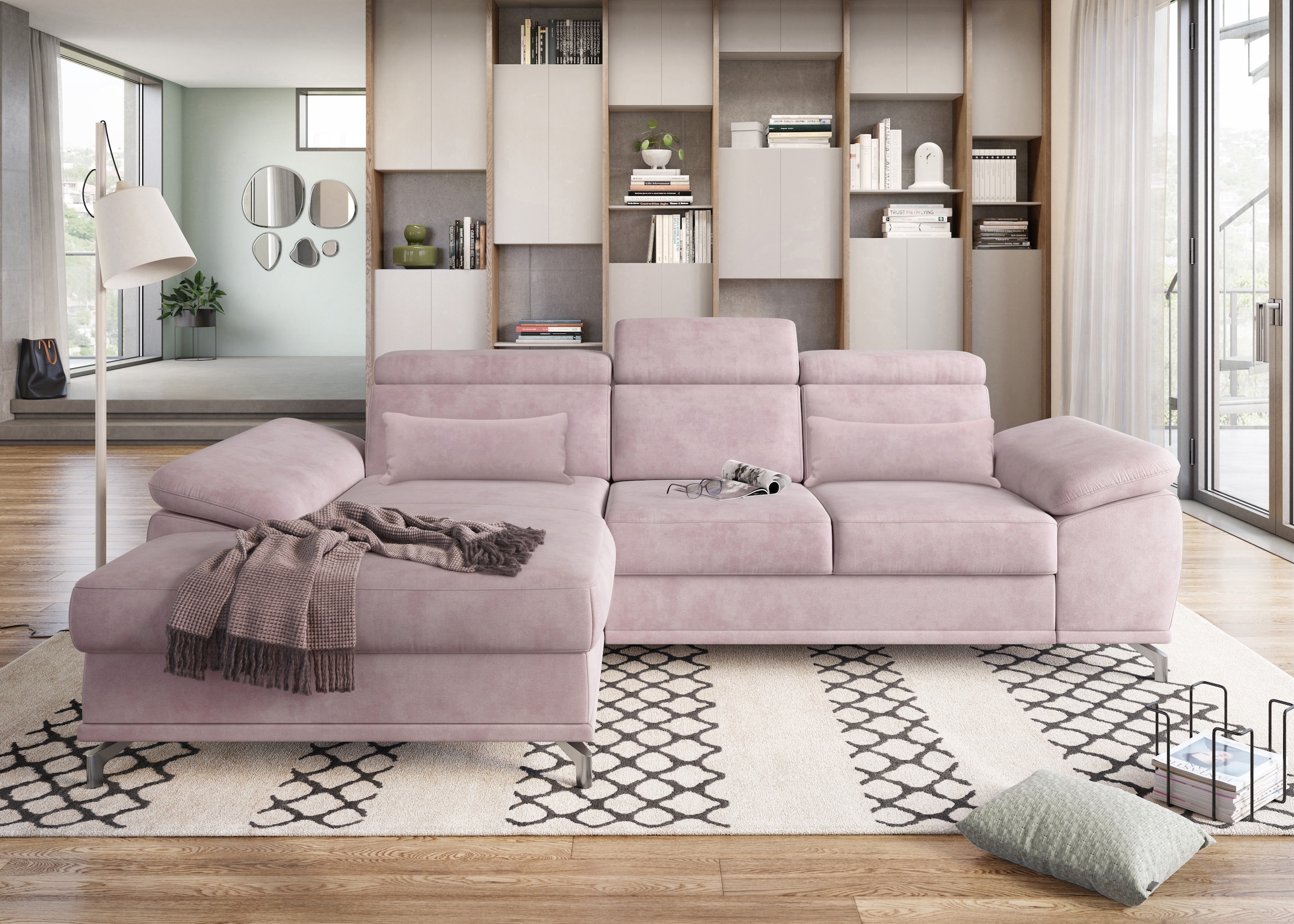 sit&more Ecksofa »Cabrio L-Form, mit Sitztiefenverstellung, Arm- und Kopfteilverstellung«, 2 Nierenkissen, Federkern, optional Bettfunktion und Stauraum