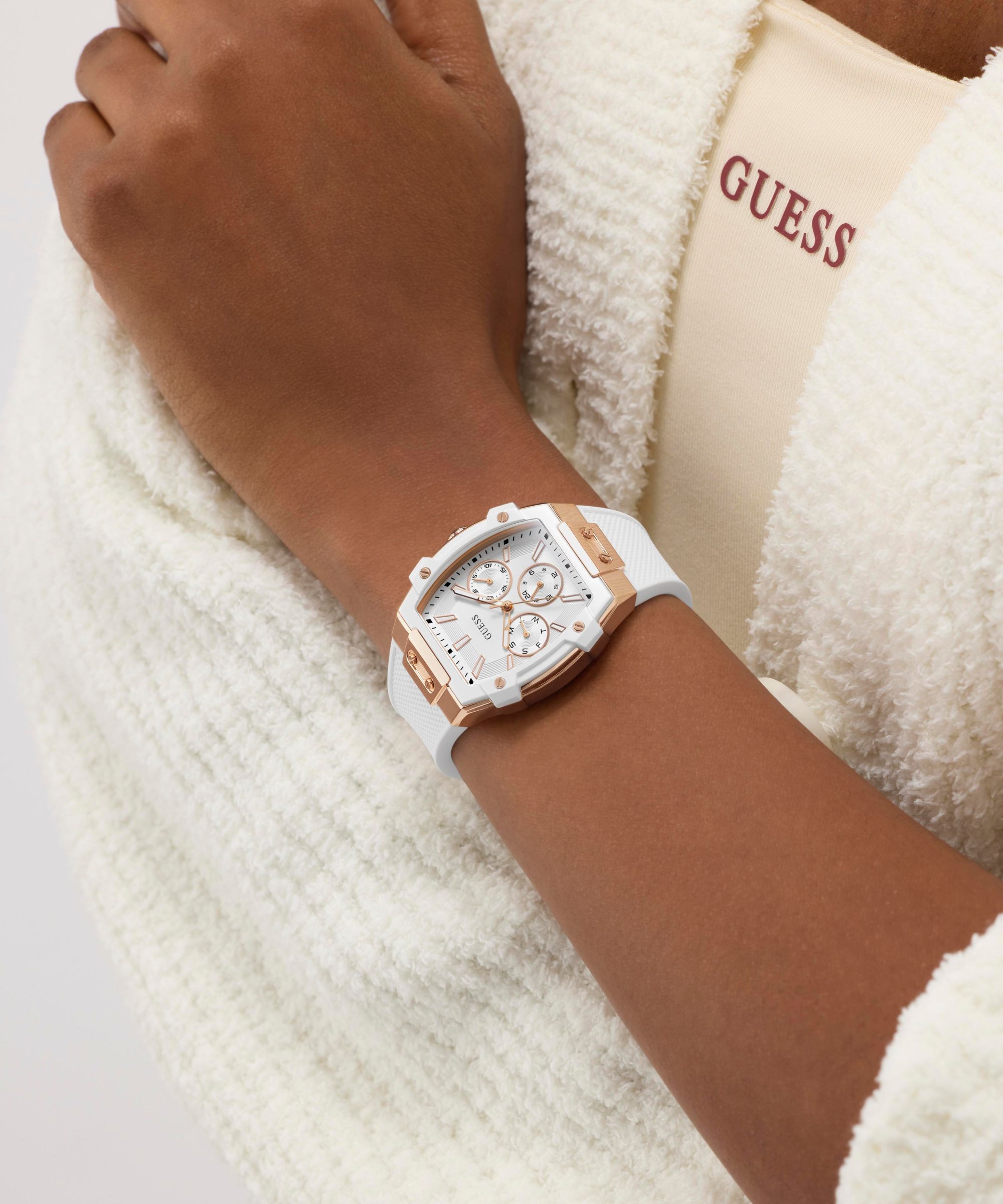 Guess Multifunktionsuhr »PHOENIX« Quarzuhr, Armbanduhr, Damenuhr, Silikonarmband, analog, Wochentag, Tag
