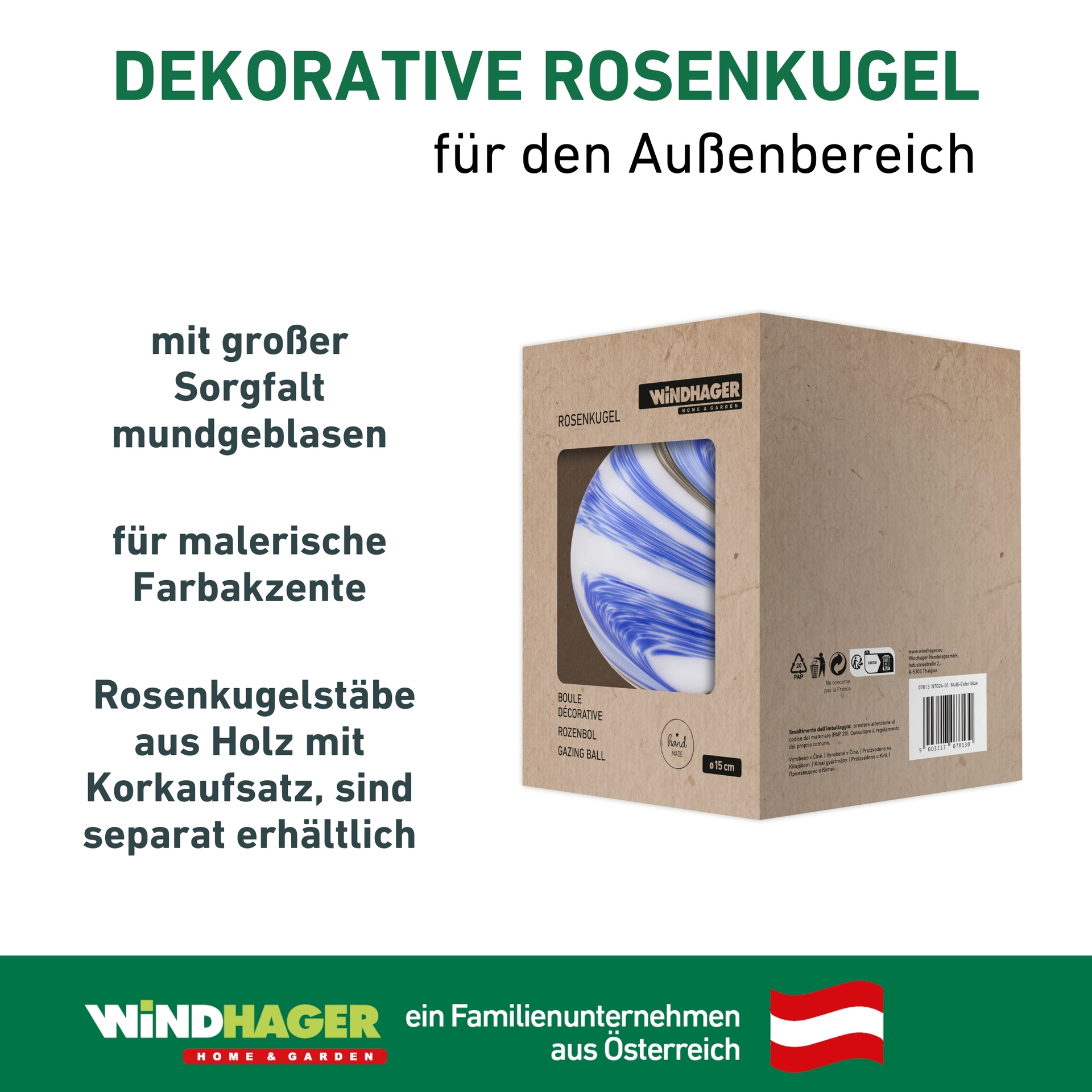 Windhager Gartenstecker »Gartendeko Rosenkugel aus hochwertigem Farbglas, Outdoor« witterungsbeständig, Durchmesser 15 cm, erhältlich in blau oder rot