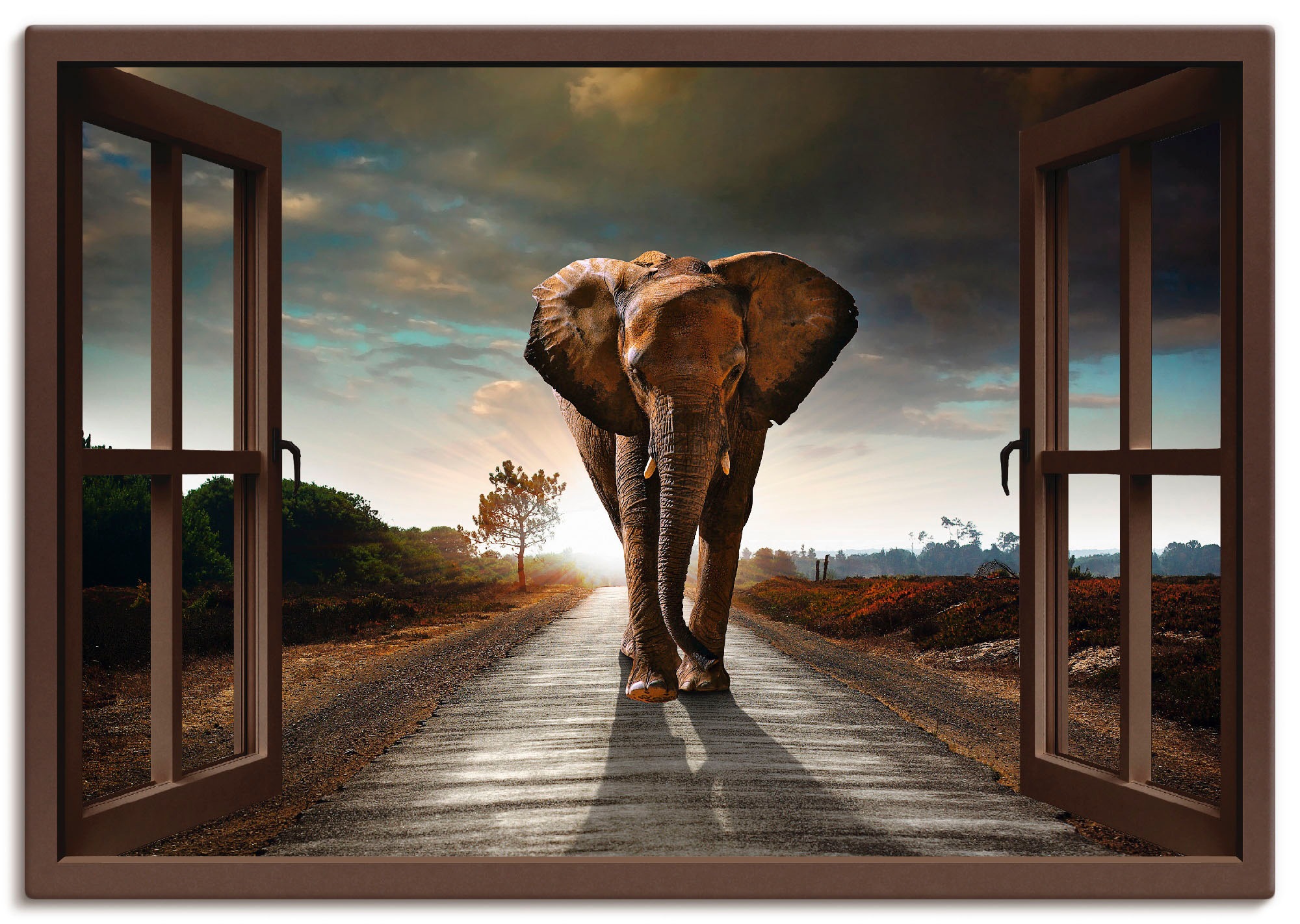 Artland Leinwandbild »Elefant auf Straße - braunes Fenster« Fensterblick 1 günstig online kaufen