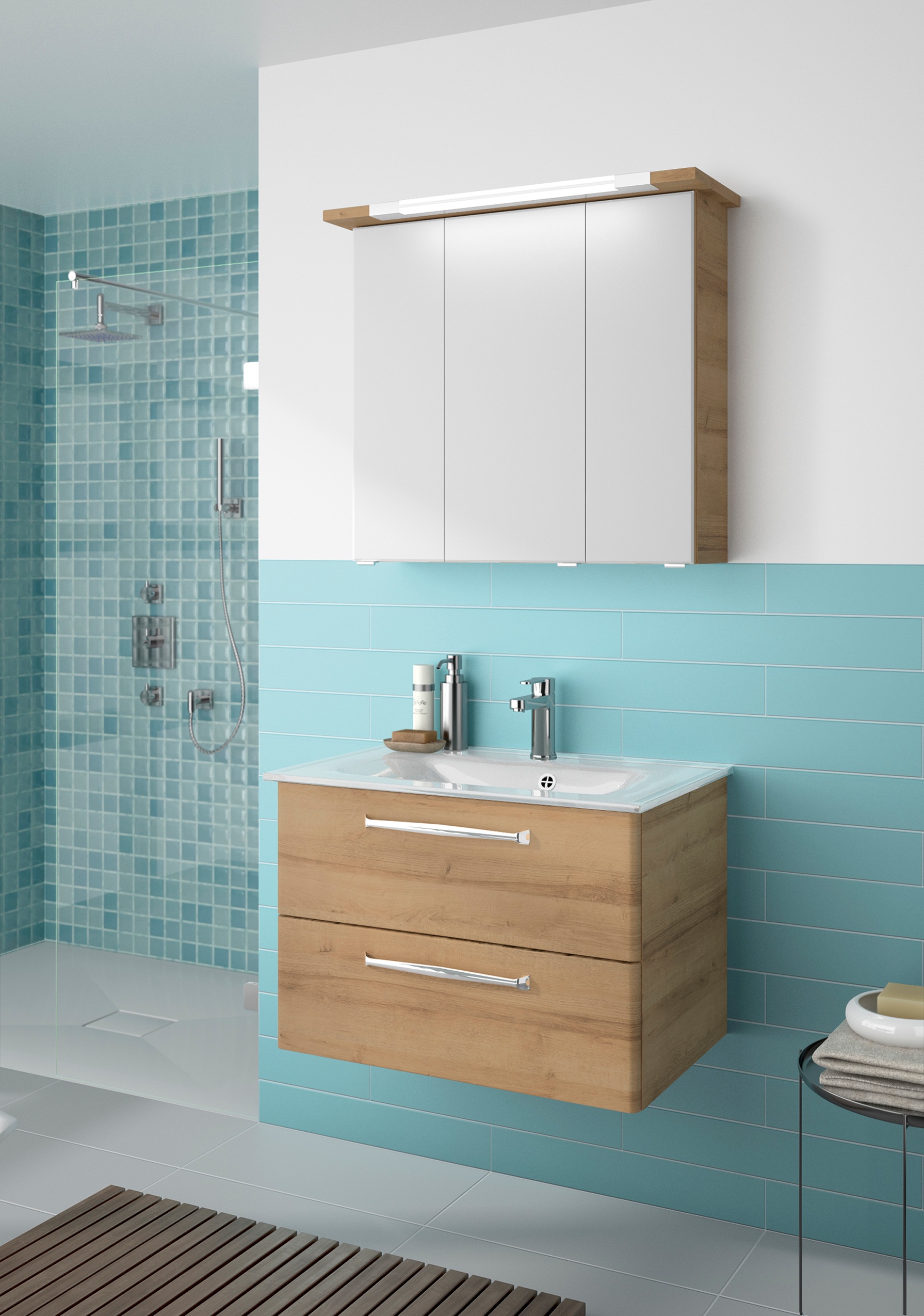 Saphir Badmöbel-Set »Trentino 2-teilig Glas-Waschtisch, Spiegelschrank mit LED-Profil« 3 Stk. tlg.