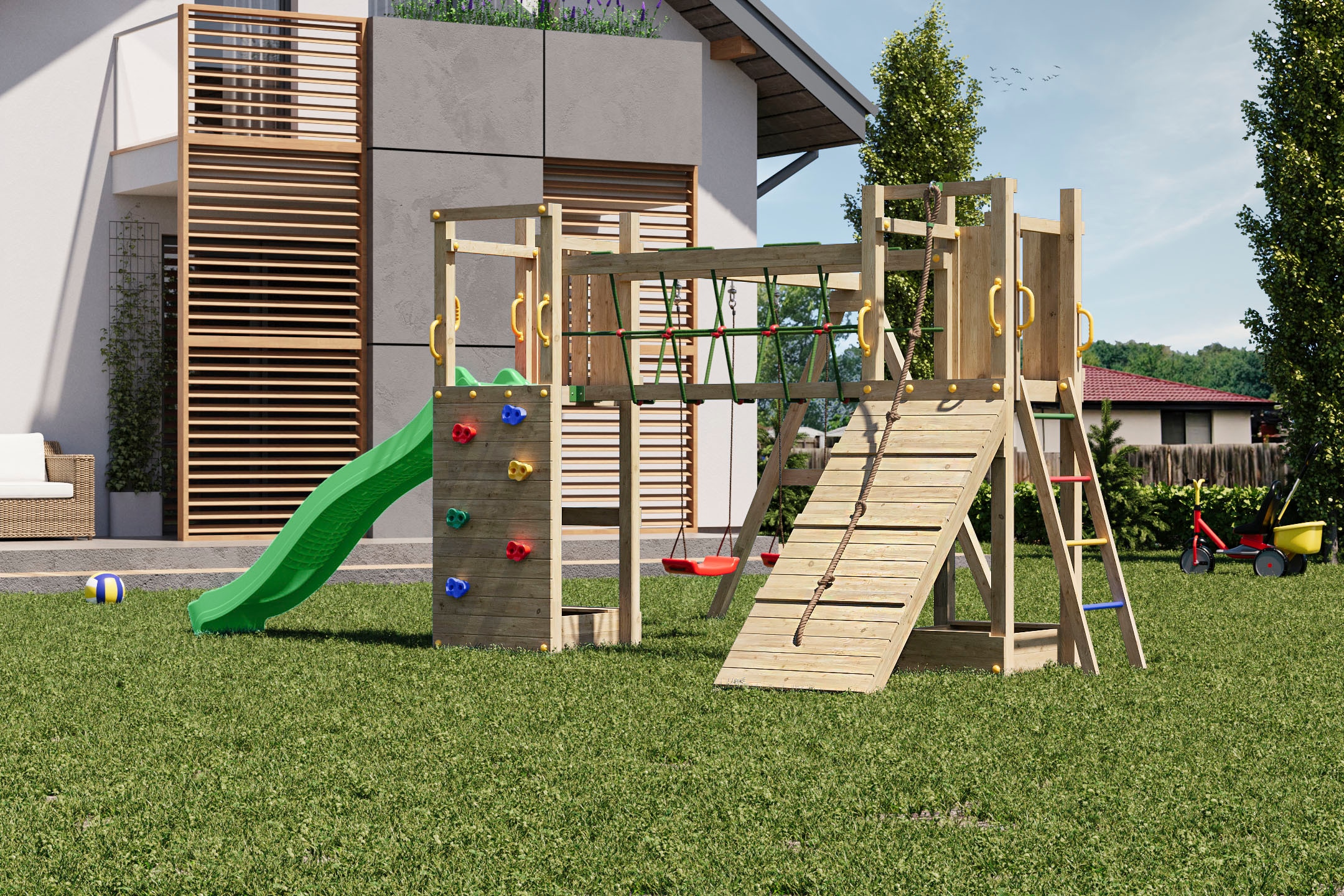 FUNGOO Spielturm »Maxi Funny Exposure«, Schaukel, Rutsche mit Wasseranschluss, Sandkasten, Brückenverbindung