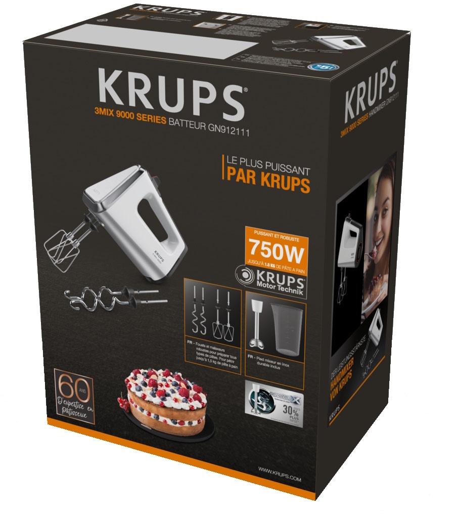 Krups Handmixer »3, Mix 9000« 750 W inkl. Schneebesen, Knethaken, Pürierstab-Aufsatz, Messbecher, GN9121