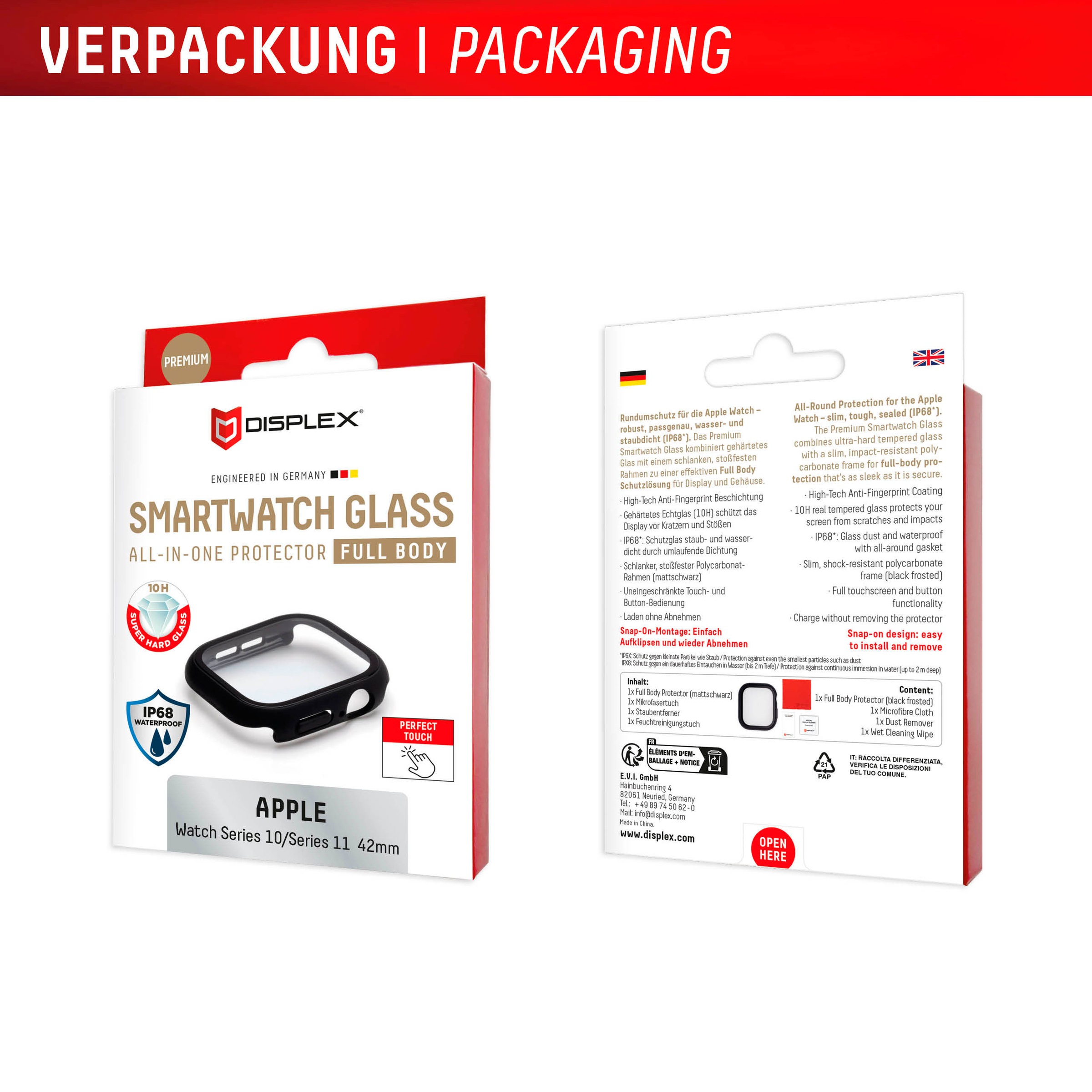 Displex Displayschutzglas »Smartwatch Glass All-In-One Protector Full Body« für Apple Watch Series 10 42 mm;Apple Watch Series 11 42 mm Displayschutzfolie, Schutzfolie, Bildschirmschutz, kratz- & stoßfest