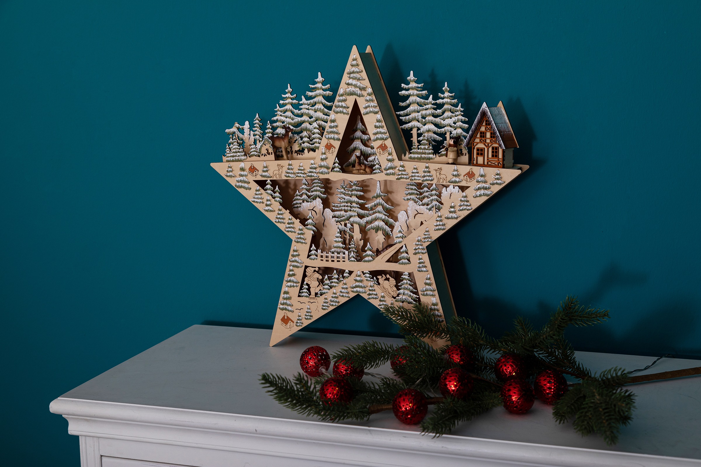Myflair Möbel & Accessoires Dekostern, (1 St.), Stern mit LED-Beleuchtung, aus Holz, Höhe ca. 42 cm, Weihnachtsdeko
