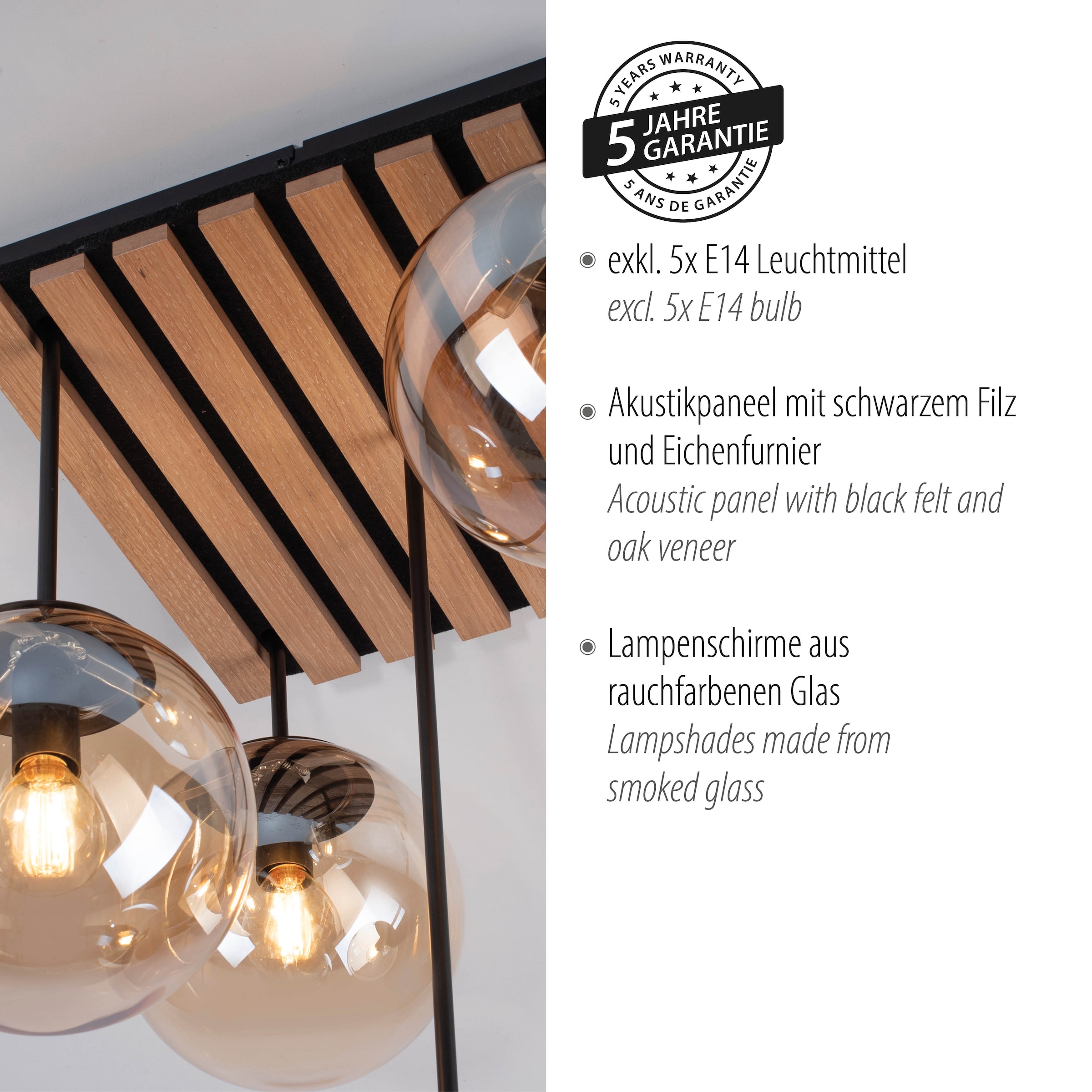 Leonique Deckenleuchte »Erinette Akustikpaneele mit Glaskugeln«, 5 flammig, Leuchtmittel E14 | ohne Leuchtmittel-Leuchtmittel wechselbar, Holz, Akustik, Paneele, Glas, Deckenlampe E14