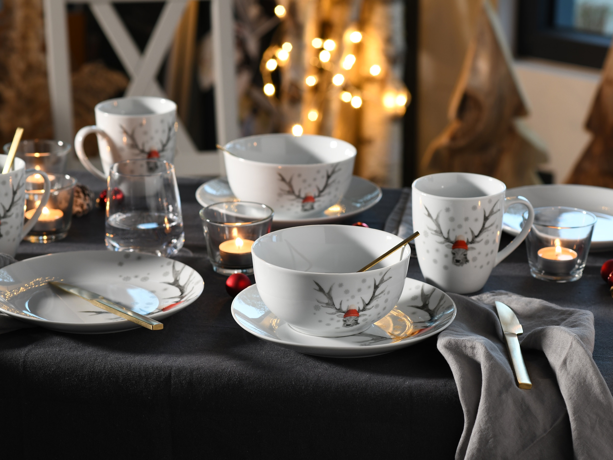 CreaTable Frühstücks-Geschirrset »Hirsch, Frühstücksset 18-tlg«, (Set, 18 tlg.), Winterdekor, Hirschmotiv