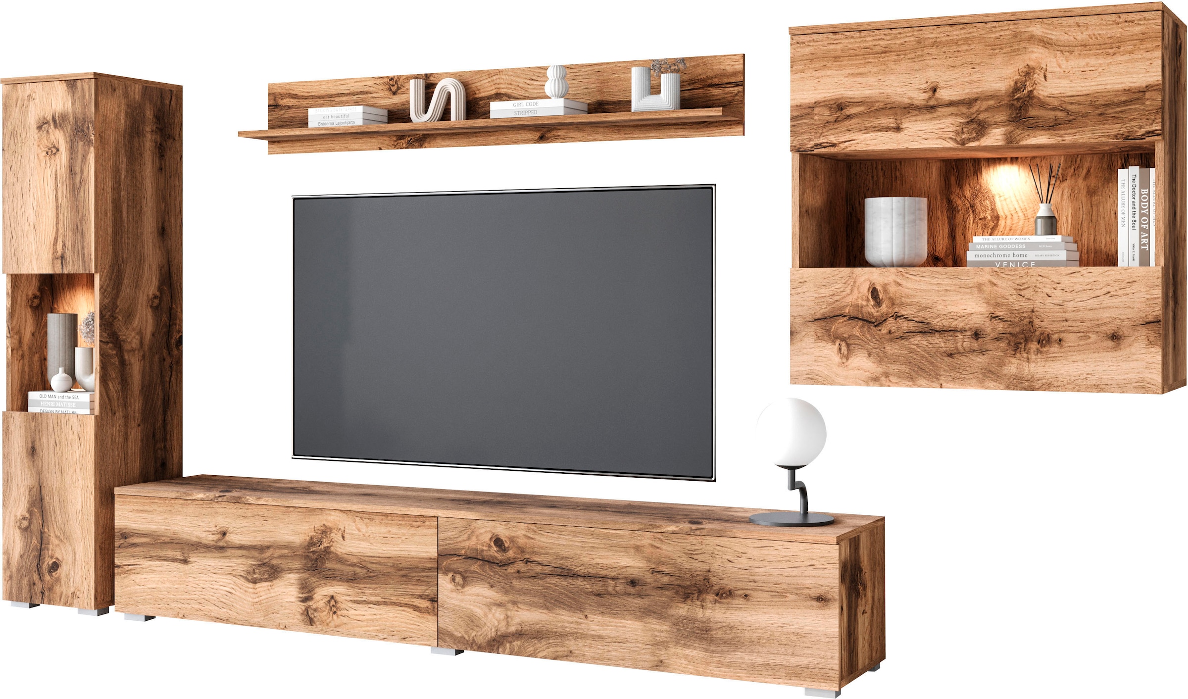 INOSIGN Wohnwand »PARIS, Vitrine Türanschlag links/rechts wechselbar«, (Komplett-Set, 4 St.), grifflose Design, stehend und hängend montierbar