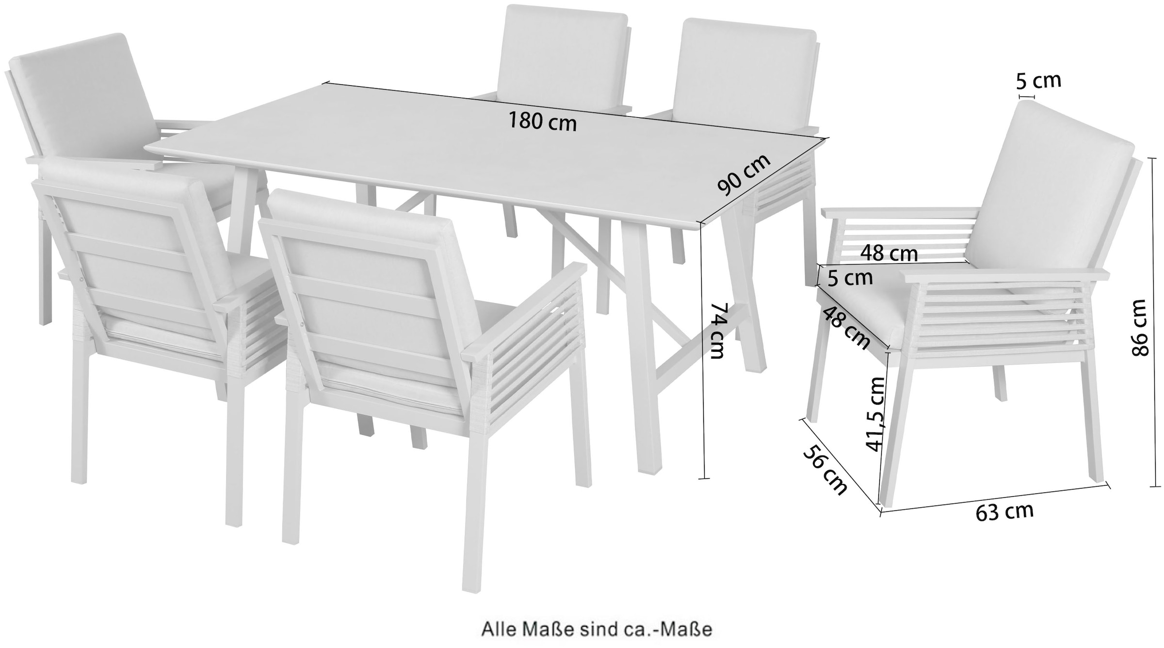 KONIFERA Garten-Essgruppe »Edessa, TOPSELLER!« Set, 6x Sessel, 6x Sitzauflagen, 6x Rückenauflagen,1x Tisch, 19 tlg. tlg. bestehend aus 6 Sesseln mit Auflagen, 1 Tisch