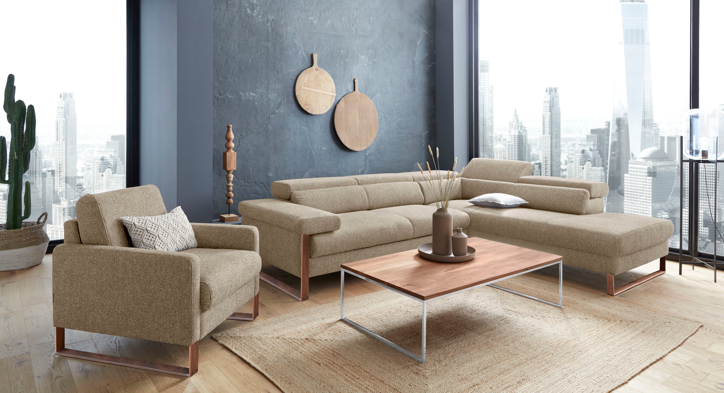 W.SCHILLIG Ecksofa »finn, Designsofa mit tollem Sitzkomfort, bequem, L-Form«, German Design Award 2016, Fußgestell Nussbaum natur, Breite 281 cm