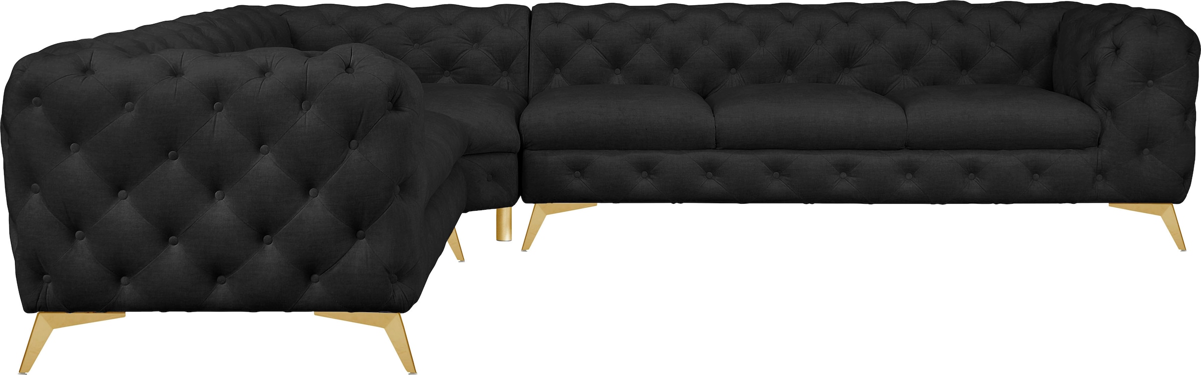 Leonique Chesterfield-Sofa »Ecksofa GLYNIS L-Form mit Wellenunterfederung, Maße B/T/H 323/264/75cm«, aufwändige Knopfheftung, moderne Chesterfield Optik, Fußfarbe wählbar