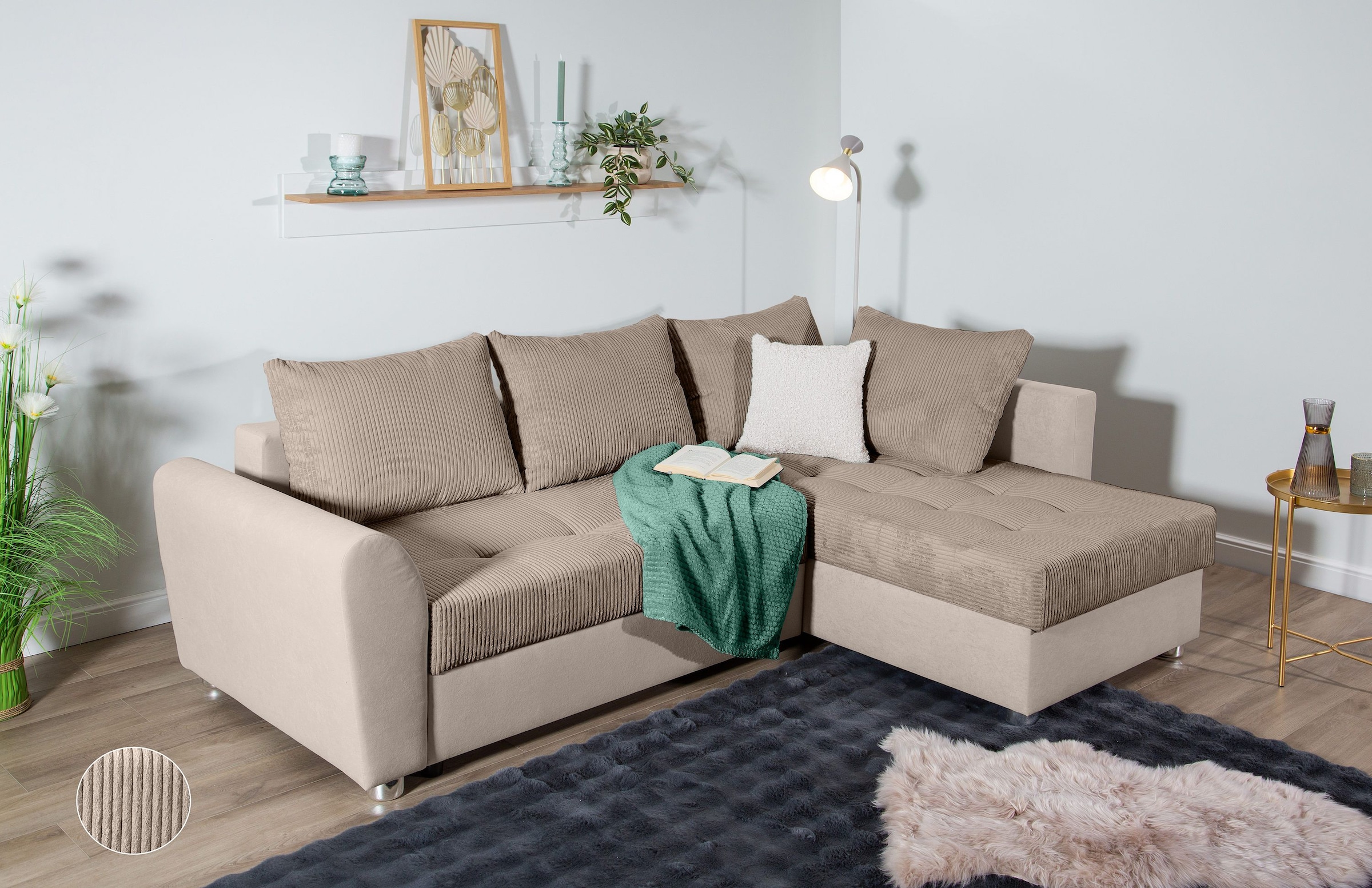 COLLECTION AB Ecksofa »JANA«, Ecksofa,Bettfunktion,Bettkasten,Bonnelfederkern,Rückenkissen