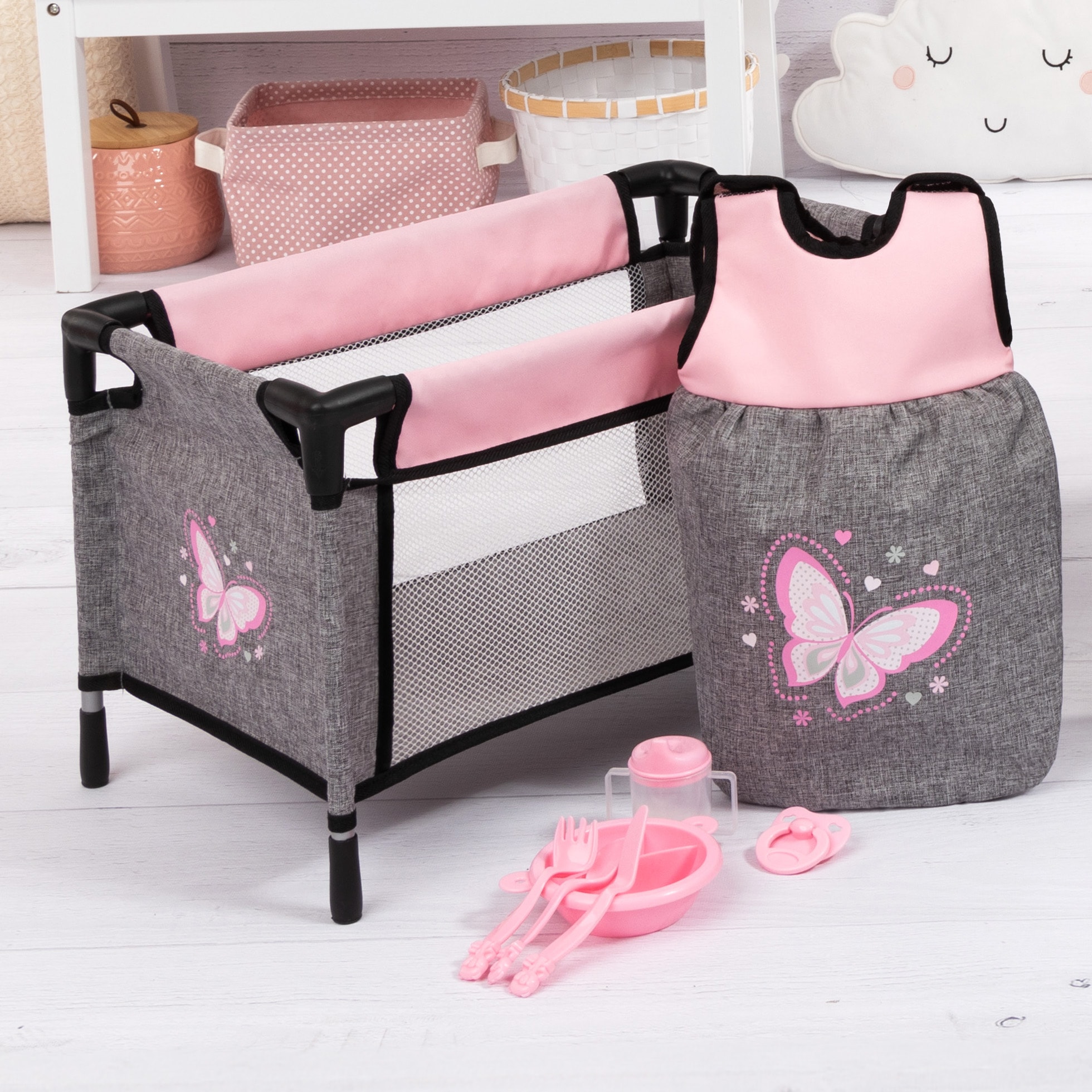 Bayer Puppenbett »Puppen-Reisebett-Set« inklusive Schlafsack, Teller, Trinkbecher, Besteck und Schnuller