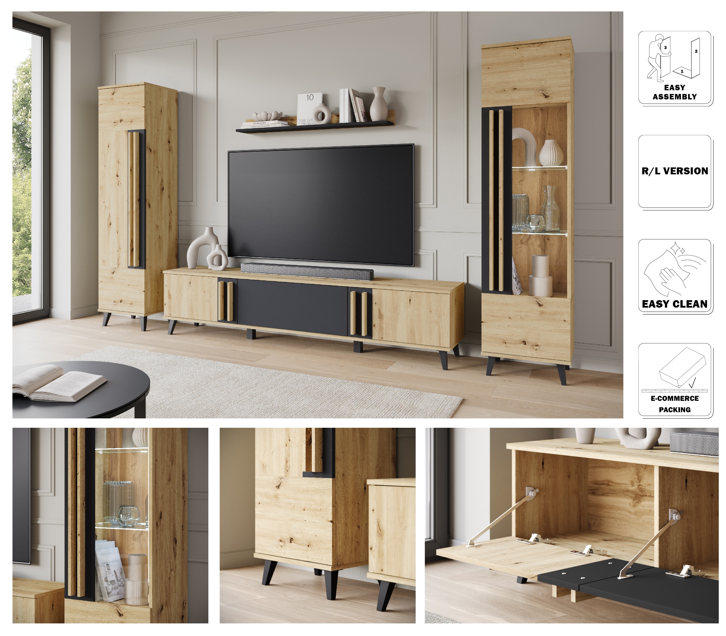 INOSIGN Wohnwand »Helsinki, Modernes Set mit verglaster Vitrine«, (Komplett-Set, 4 St.), mit lamellengriffen, verstellbaren Einlegeböden und Kunststofffüßen