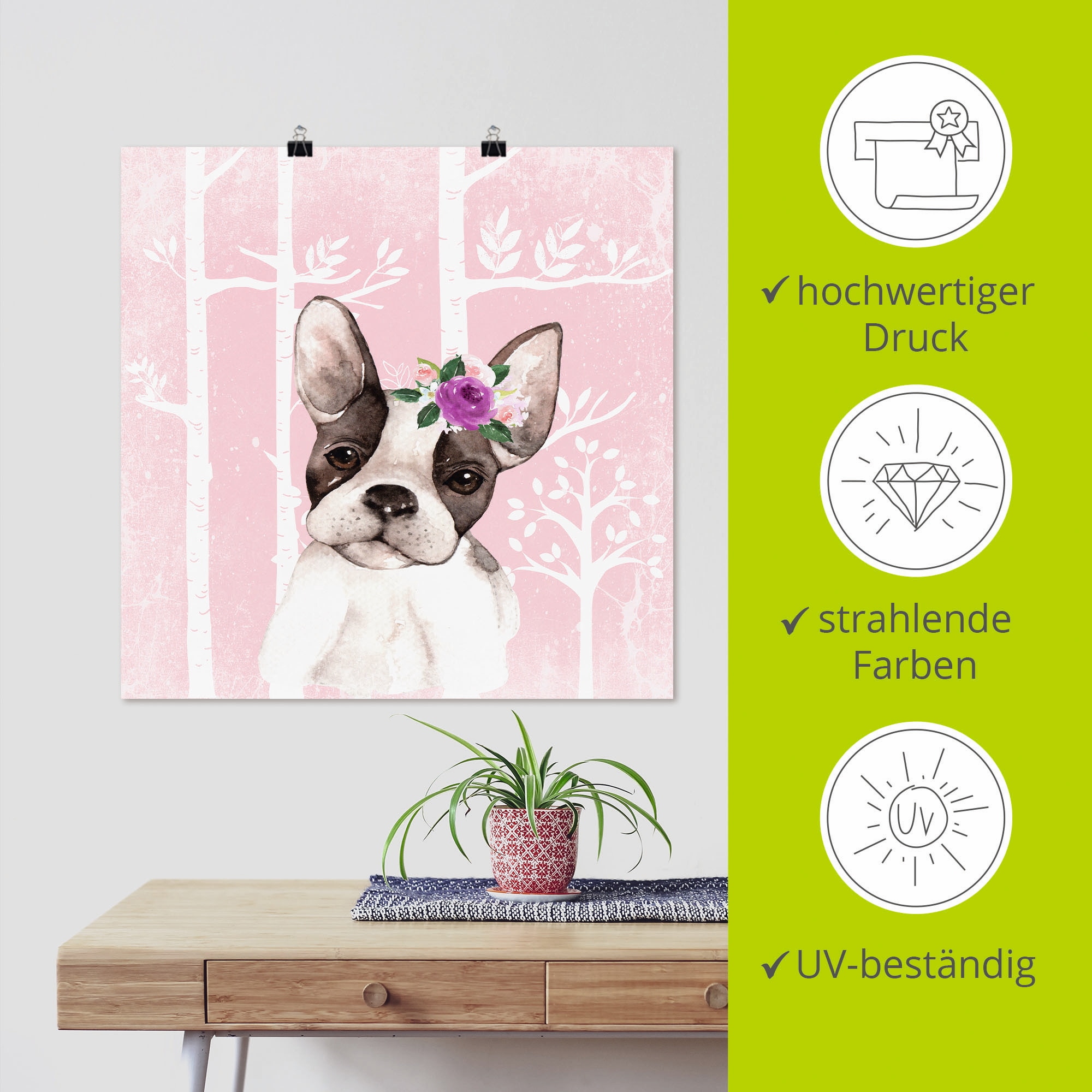 Artland Wandbild »Mops Hund mit Blumen im pink Wald«, Tiere, (1 St.), als Poster, Wandaufkleber in verschied. Größen