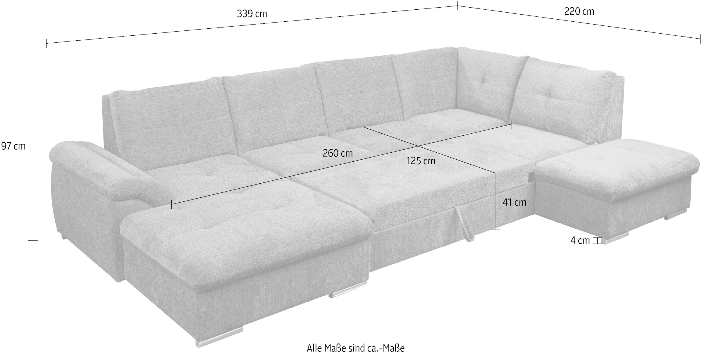 WERK2 Wohnlandschaft »Arena 339 x 220 cm mit Bett & Bettkasten, wahlw. mit 2 Kopfstützen« U-Form, XXL, Schlaffunktion, Bettkasten