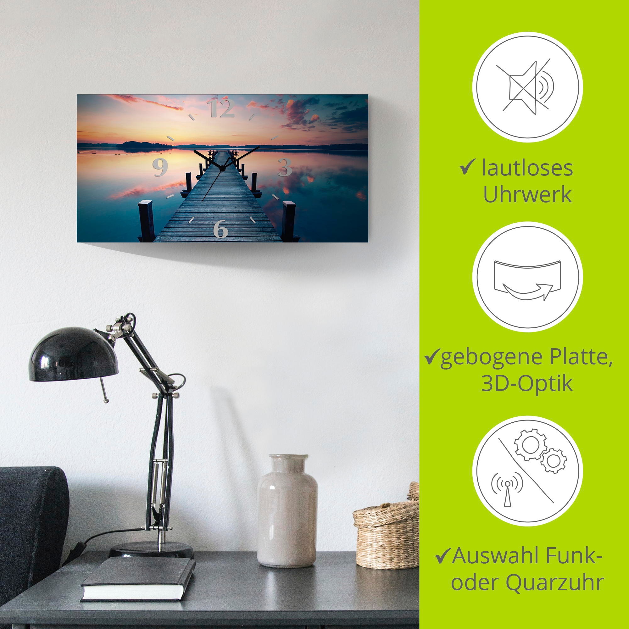 Artland Wanduhr »Langer Pier am See im Sonnenaufgang«, 3D Optik gebogen, mit Quarz- oder Funkuhrwerk, versch. Größen