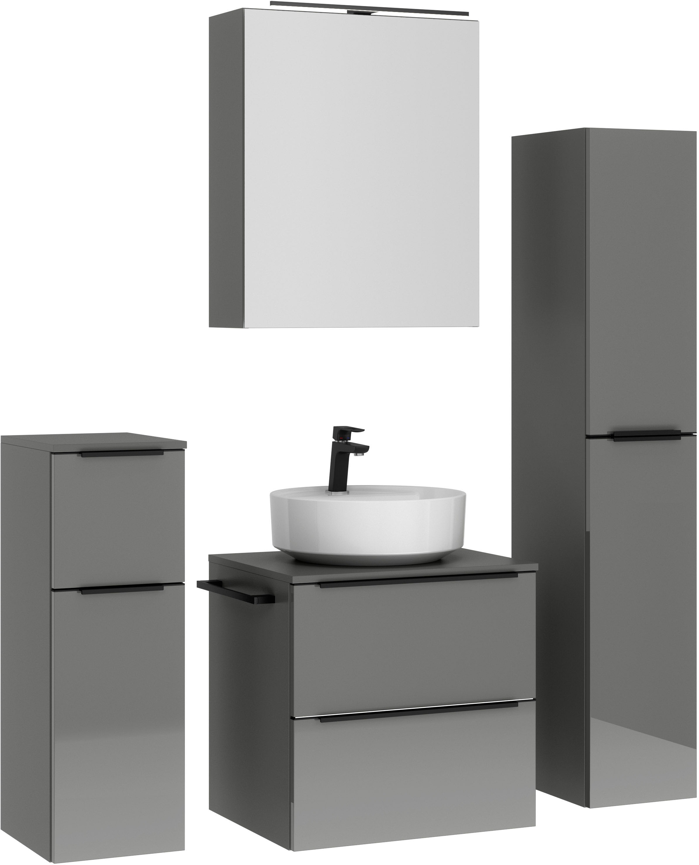 nobilia® Badmöbel-Set »Alvene«, (4 St., vormontiert, mit Soft-Close), inkl. Spiegelschrank mit Beleuchtung und Dimmerfunktion, in 4 Breiten