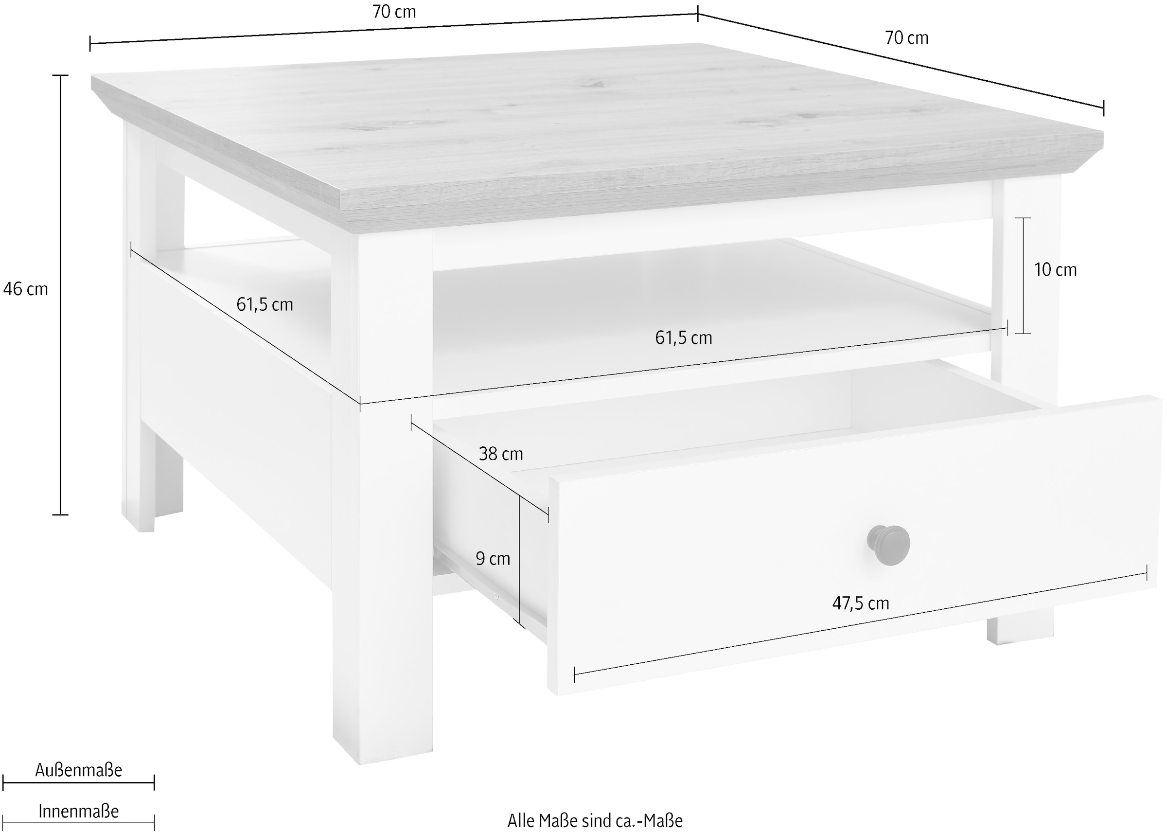 INOSIGN Couchtisch »Ulm«, Wohnzimmertisch in Weiß/Eiche mit abgeschrägtem Oberboden - 70/70 cm