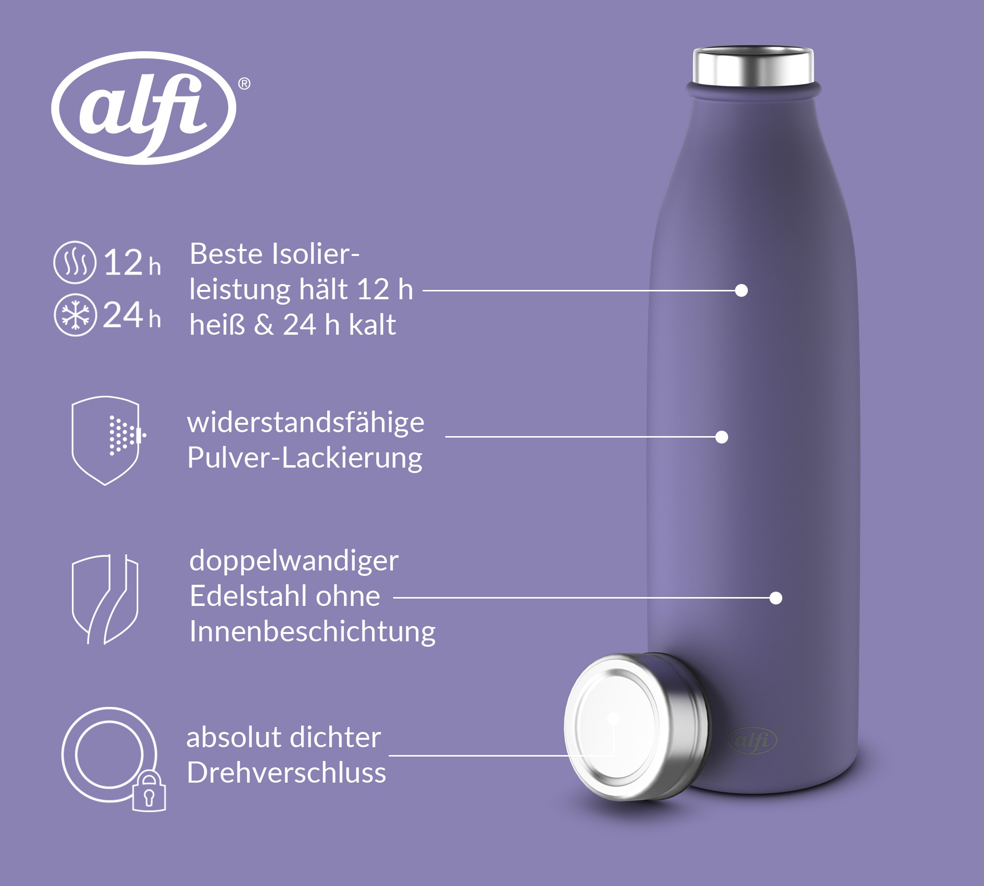 Alfi Isolierflasche »PURE BOTTLE, aus doppelwandigem Edelstahl, spülmaschinenfest« 0,75l, 24h kalt, Pulverbeschichtung, absolut dicht bei Kohlensäure