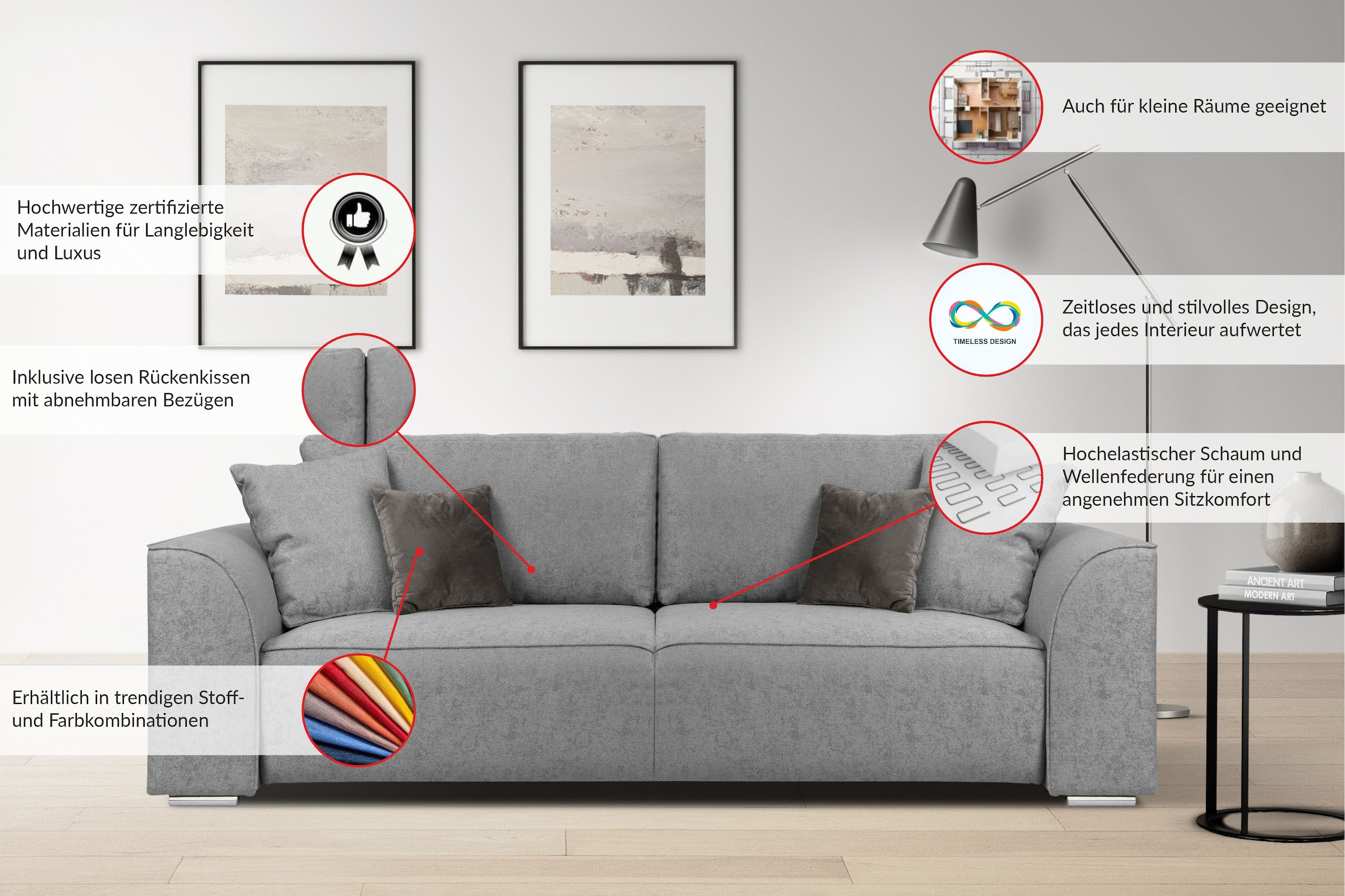 INOSIGN 3-Sitzer Beatrice Schlafsofa, wahlweise auch mit Bettfunktion und Bettkasten, incl. 2 Zierkissen