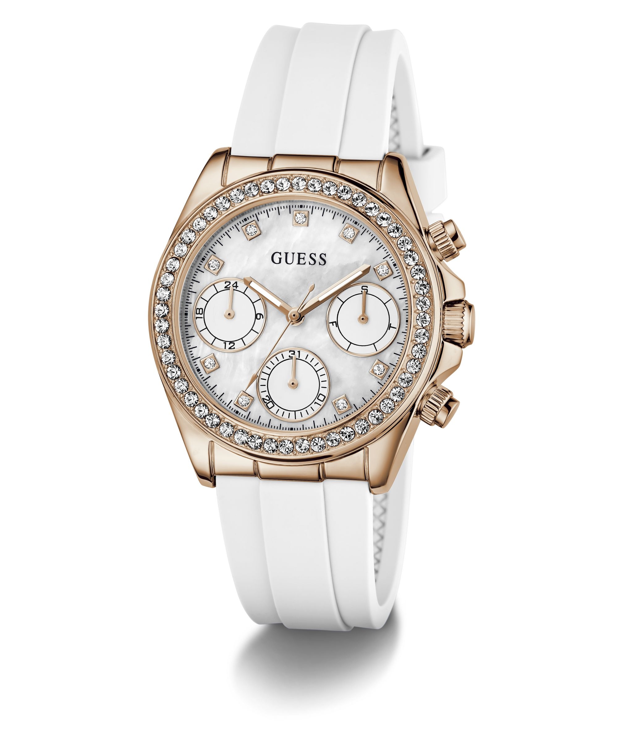 Guess Multifunktionsuhr »VICTORIA« Quarzuhr, Armbanduhr, Damenuhr, Silikonarmband, analog, Wochentag, Tag