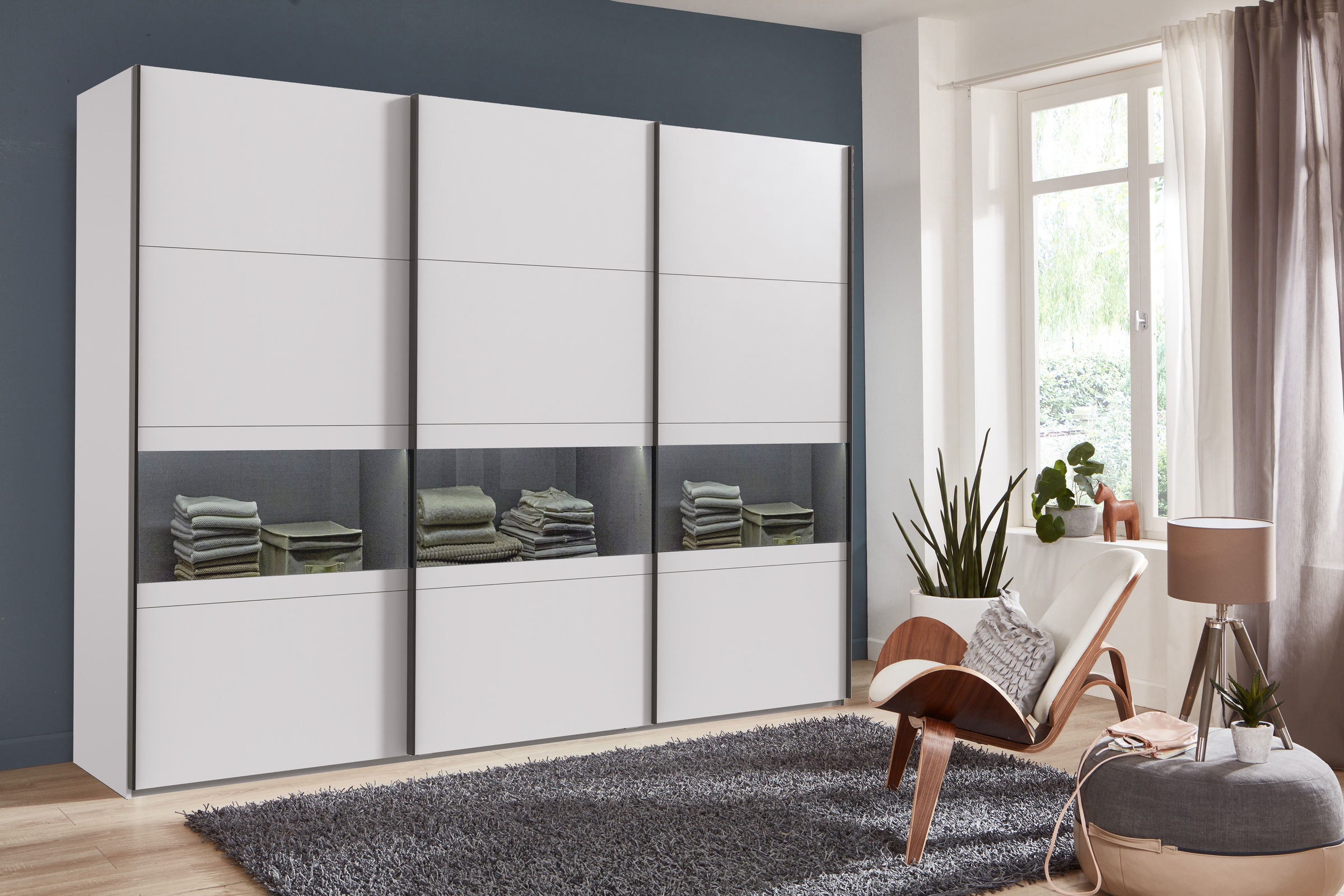 Wimex Schwebetürenschrank »Easy Plus, Kleiderschrank Made in Germany«, mit Glaseinsatz/ Rauchglas, viele Breiten zur Auswahl, schwarze Griffe