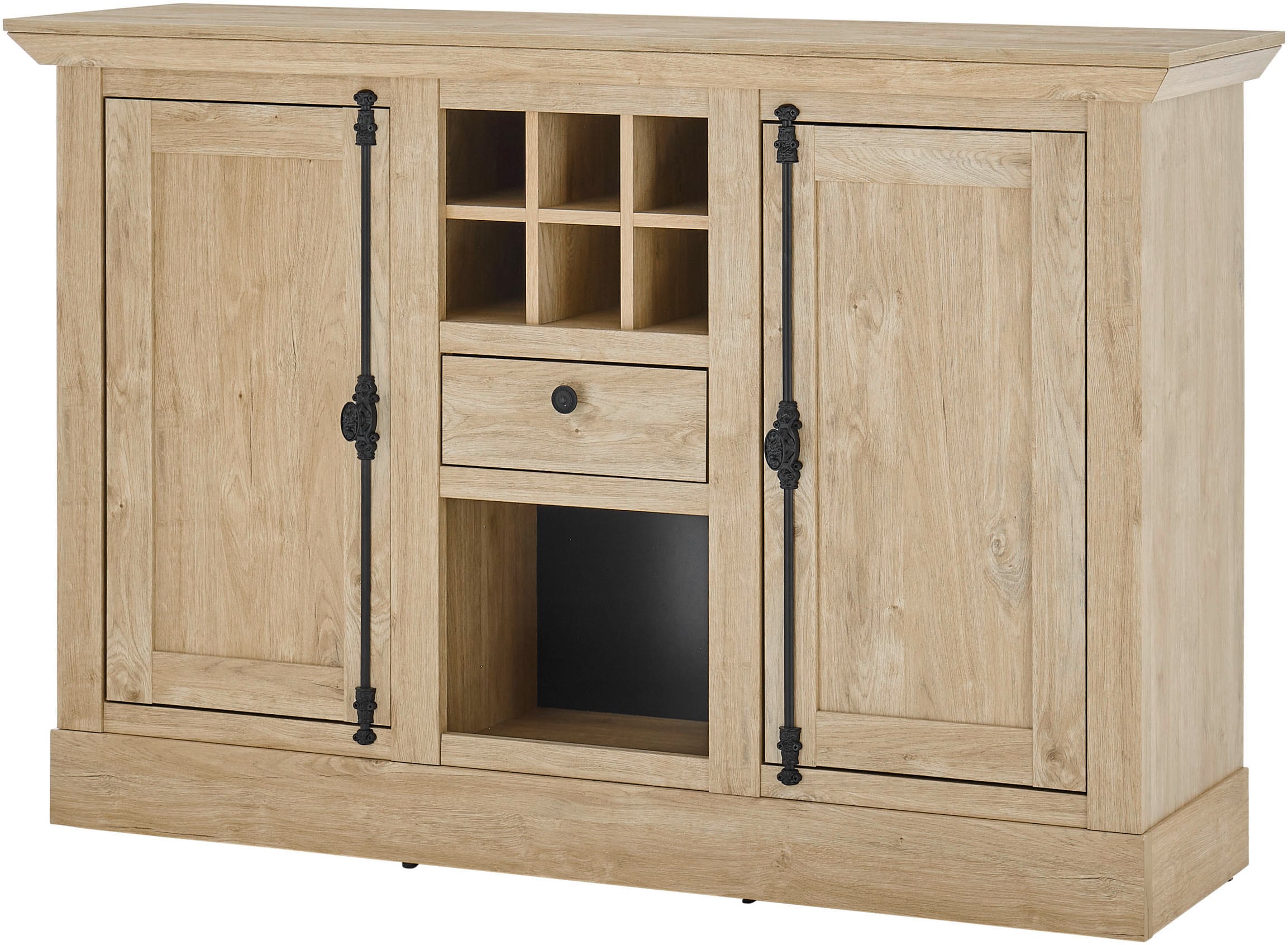 Home affaire Highboard »Cornwall, Kommode im Landhausstil, Schrank, Sideboard, Eiche Dekor«, (1 St.), verschnörkelte Metallgriffe, ausreichend Stauraum, 152 cm breit