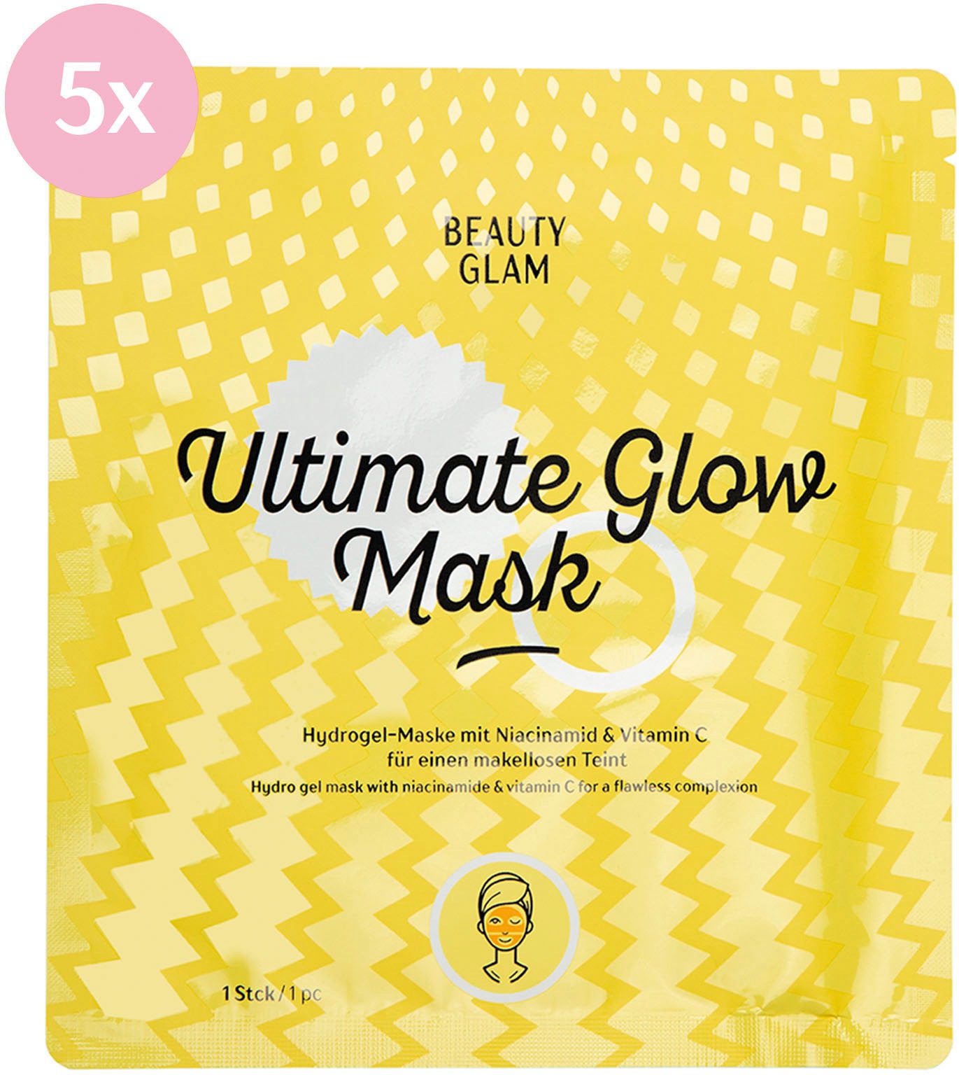 BEAUTY GLAM Gesichtsmasken-Set »Beauty Glam Ultimate Glow Mask«, (Set, 5 tlg.), Reduziert die Sichtbarkeit von Poren und Fältchen, mit Vitamin C & B3.
