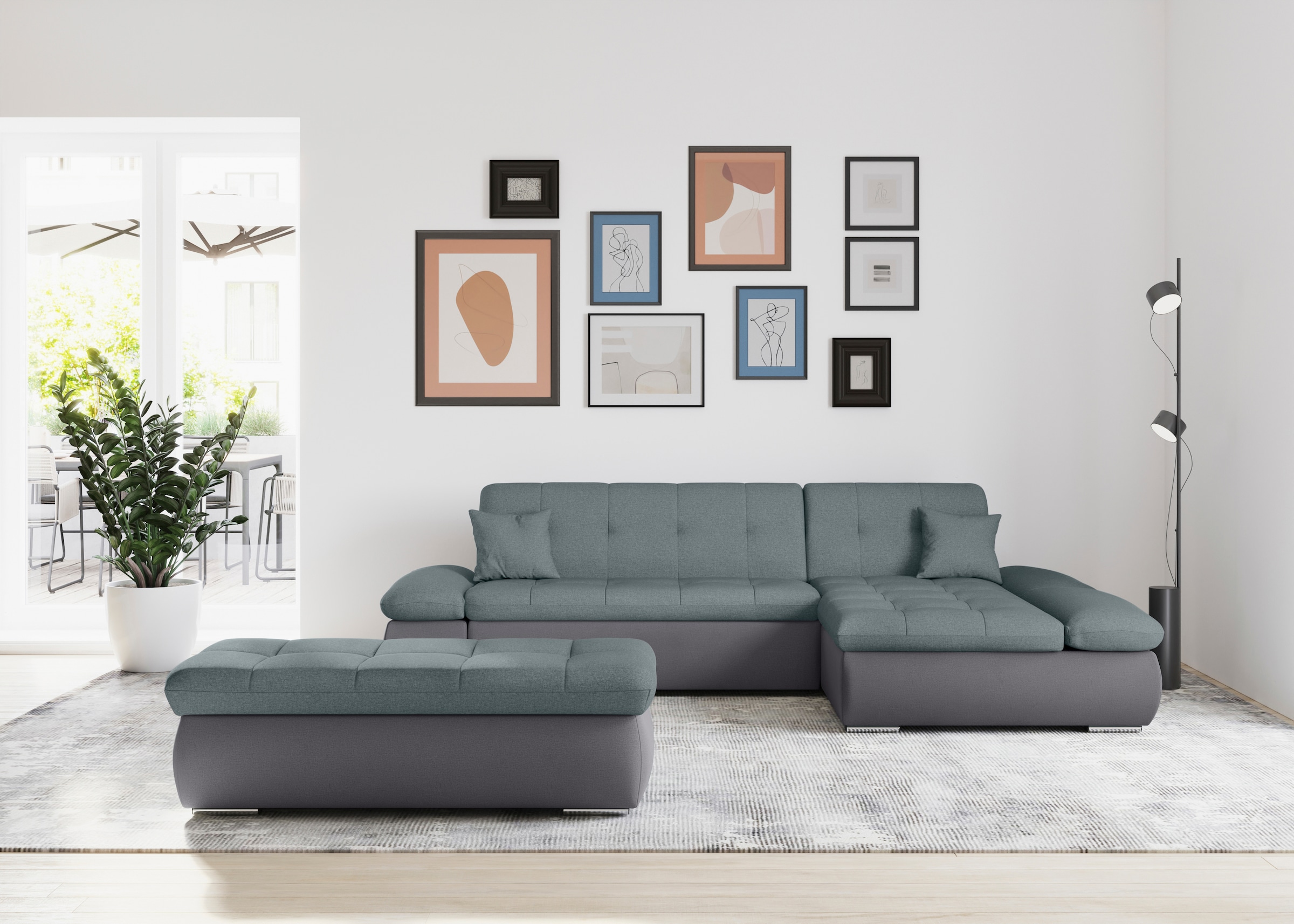 DOMO collection Ecksofa »Moric, L-Form, XXL-Sofa - Breite 300cm«, wahlweise mit Bettfunktion und Armteilverstellung, grau-eisblau