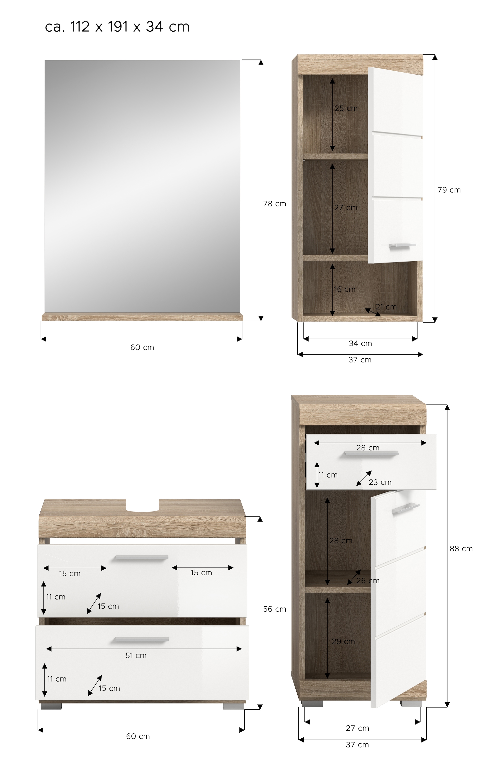 INOSIGN Badmöbel-Set »Siena, 4 teilig, bestehend aus:«, (Set), Waschbeckenunterschrank, Spiegel, Unterschrank, Hängeschrank