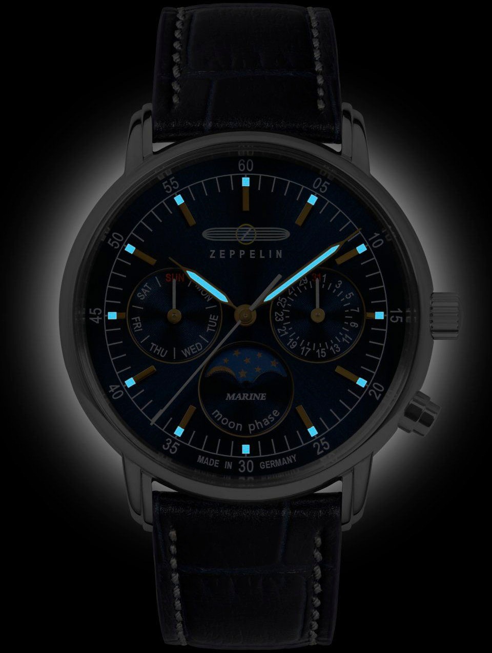 ZEPPELIN Multifunktionsuhr »LZ 14 Marine Moonphase«, Quarzuhr, Damen, Datum, Mondphase, Lederarmband, Made in Germany