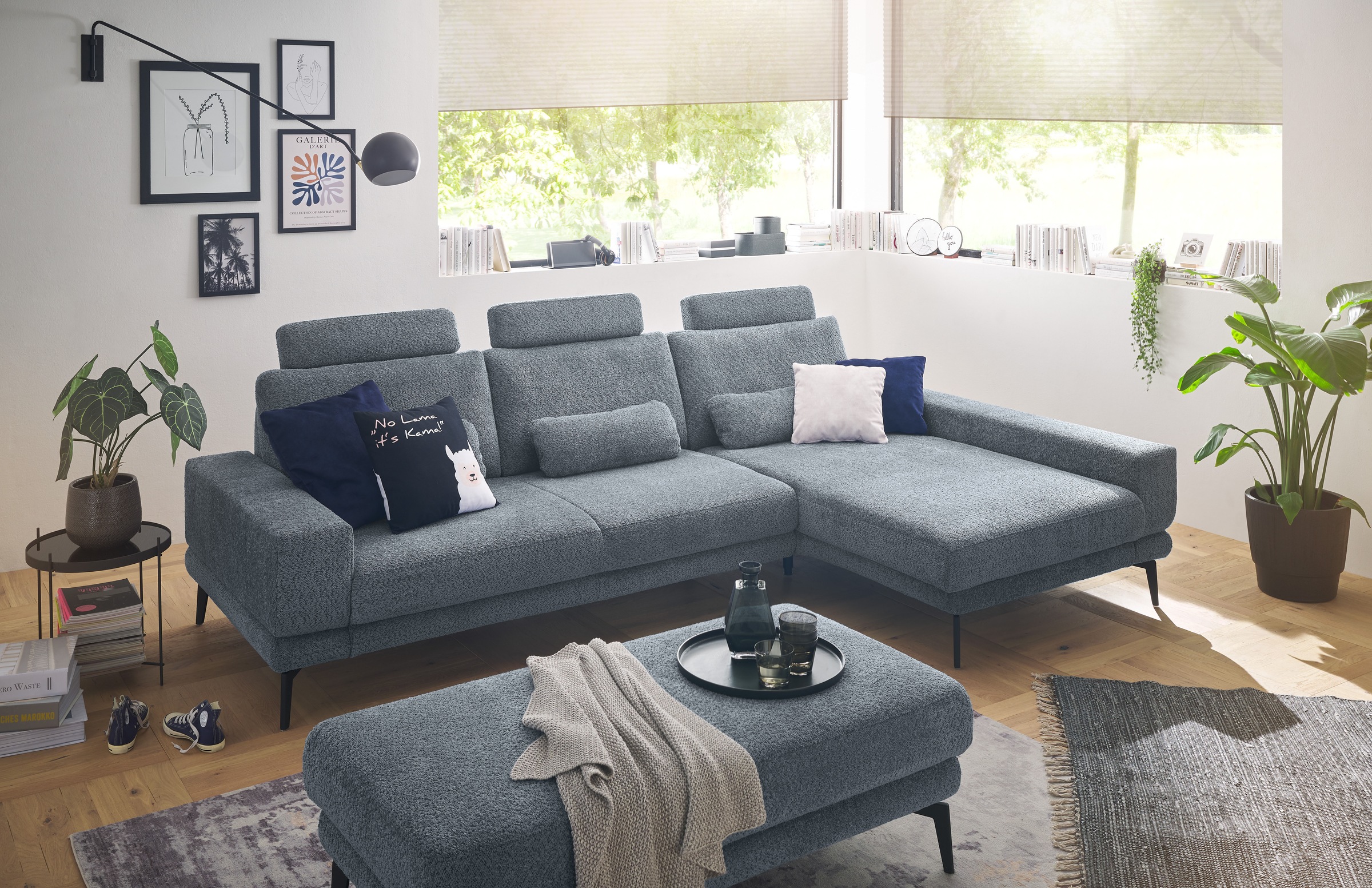 set one by Musterring Ecksofa »SO 3600, inkl motor. Sitztiefenverstellung, Kopfstützen, Nierenkissen«, Sitzhöhe 44 cm, Kaltschaum, Breite 293 x Tiefe 180 cm, Kama blue