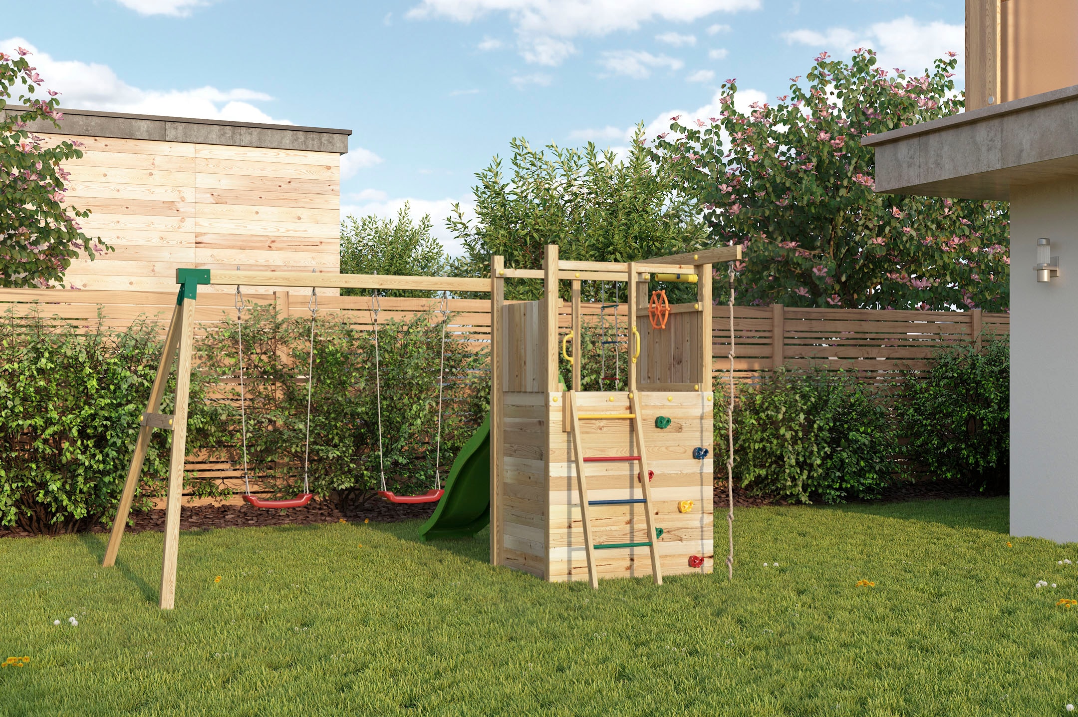 FUNGOO Spielturm »HOUSER, mit Rutsche, Schaukeln, Piratenrad und Haus mit Fenster«, Made in Europe