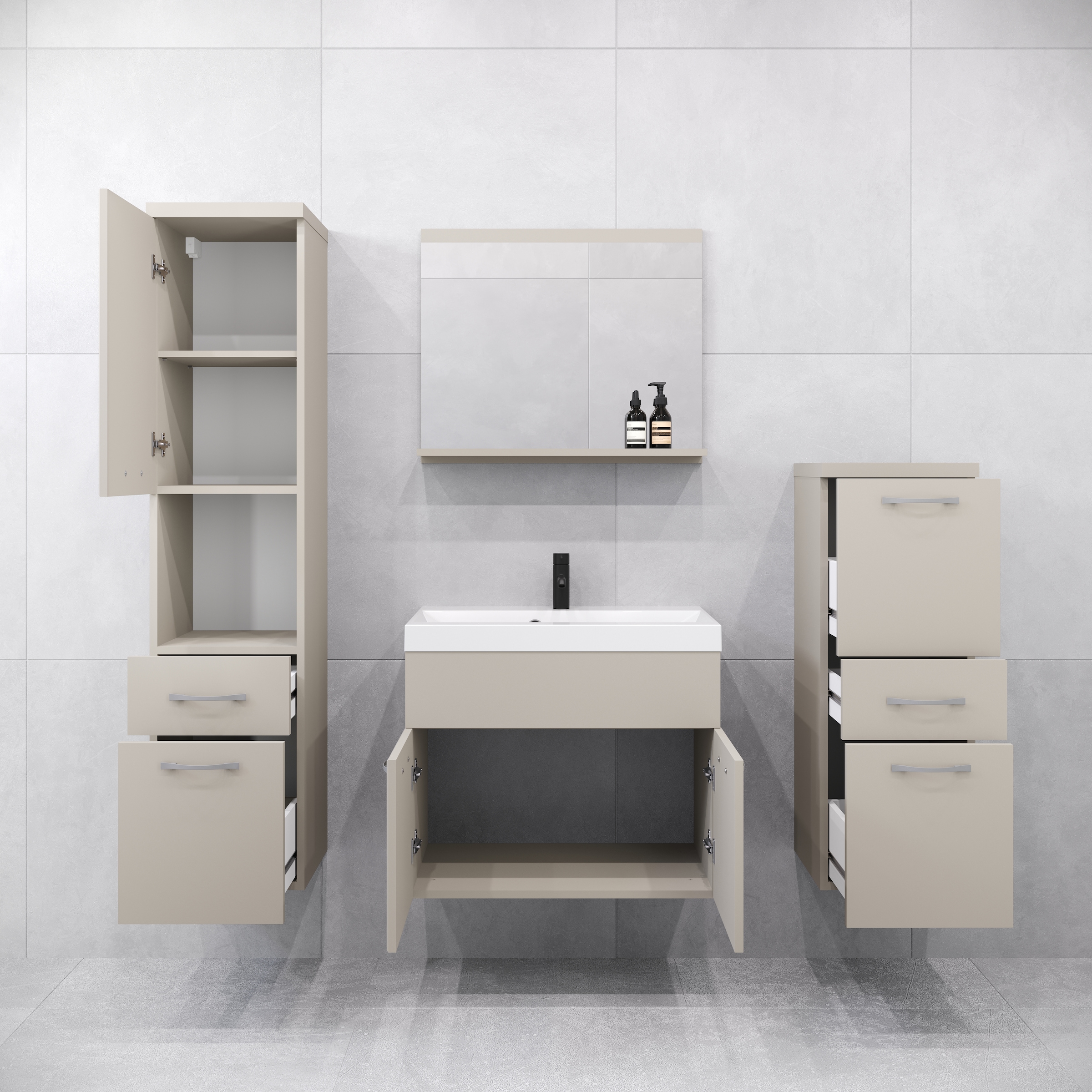 welltime Badmöbel-Set »ELDA«, (Komplett-Set, 5 St.), Waschtisch inkl. Waschbecken, Hochschrank, Badschrank und Spiegel