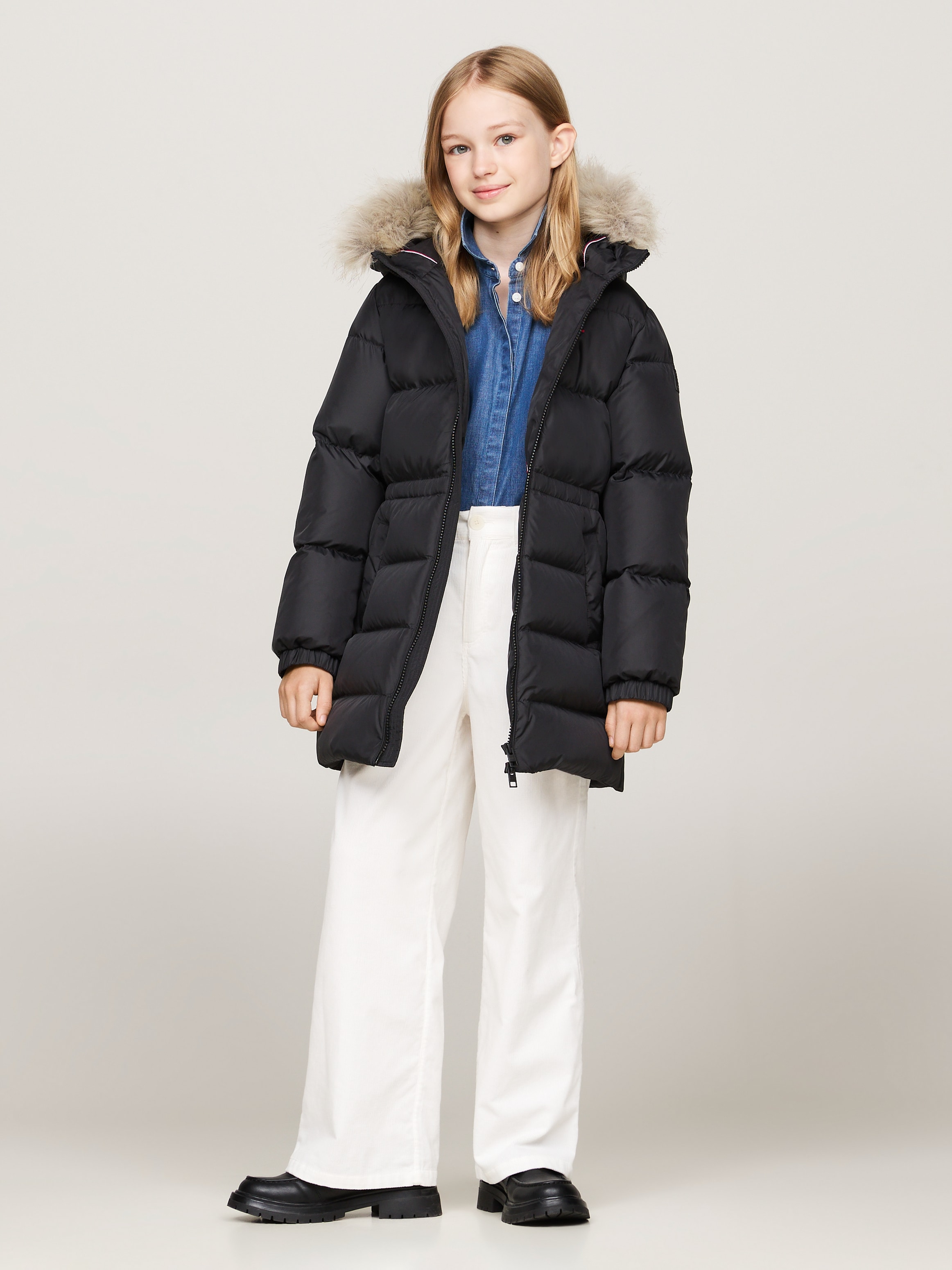 Steppjacke »LONG WAISTED DOWN JACKET«, mit Kapuze, mit Fellimitat