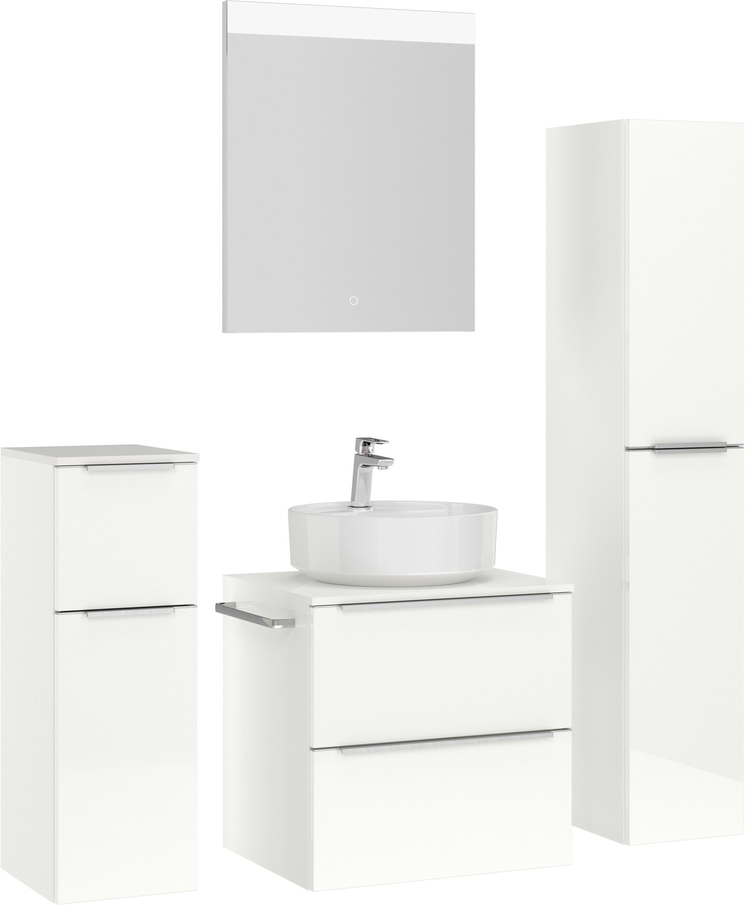 nobilia® Badmöbel-Set »Alvene«, (4 St., vormontiert, mit Soft-Close), Hochglanz, inkl. Spiegel mit Touch-Sensor, in vier Breiten