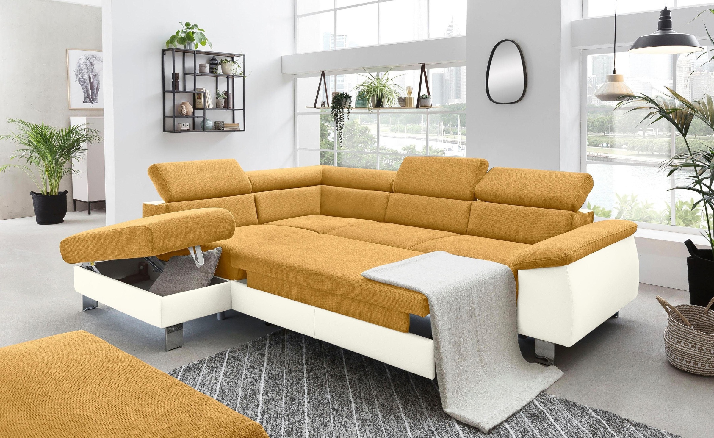 COTTA Polstergarnitur »Komaris«, (Set), Set: bestehend aus Ecksofa und Hocker, Kopfteilverstellung