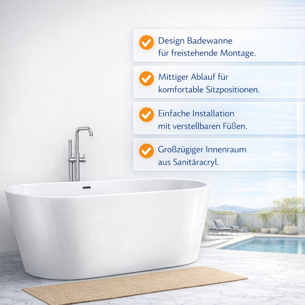 welltime Badewanne »Tavira« Höhe 60 cm mit Ablaufstöpsel | verstellbare Füße | Überlauf Freistehend, (170x74x60 (LxBxH), Sanitäracryl, mit Pop Up Ventil