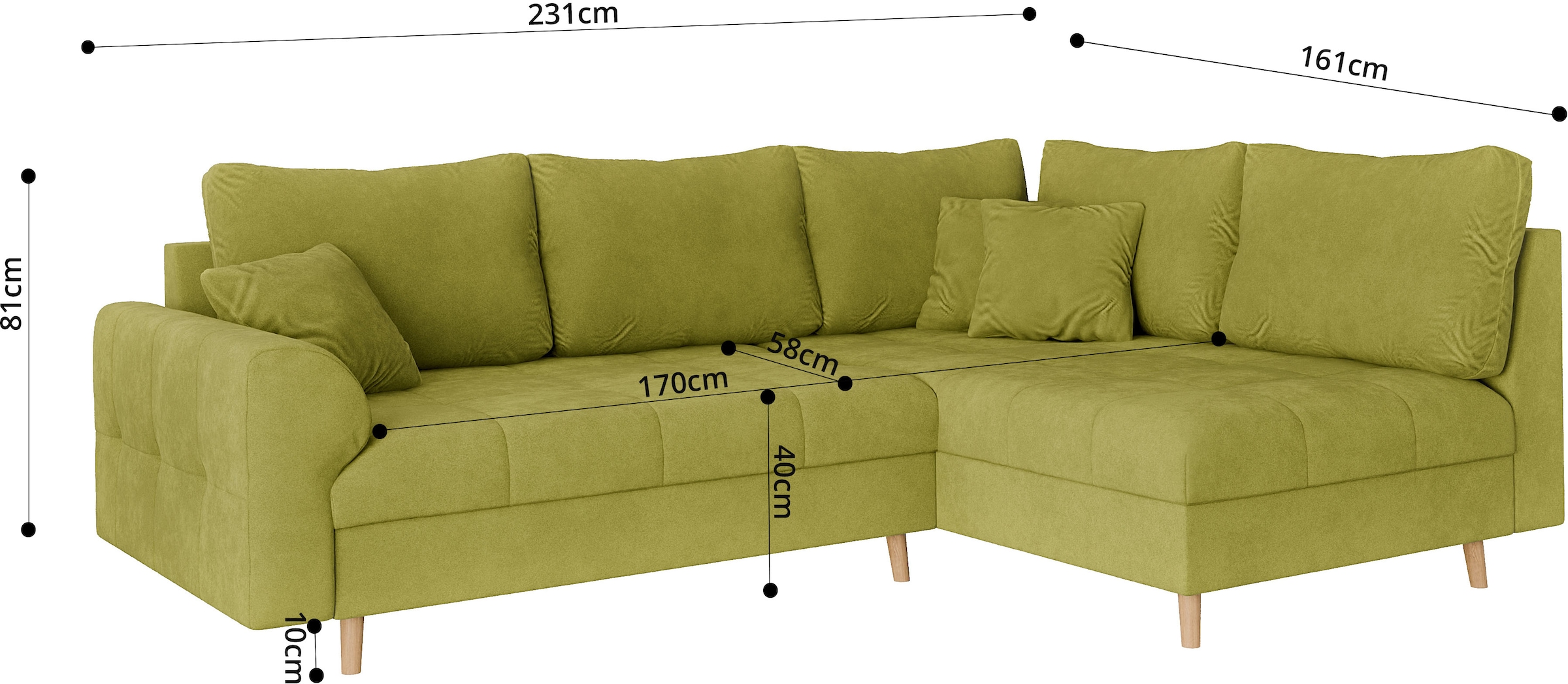 Home affaire Ecksofa »CHARRE L-Form mit Ottomane, Maße B/T/H: 231/161/81 cm«, feine Steppung, lose Rücken- und Zierkissen, auch in Cord und Bouclé