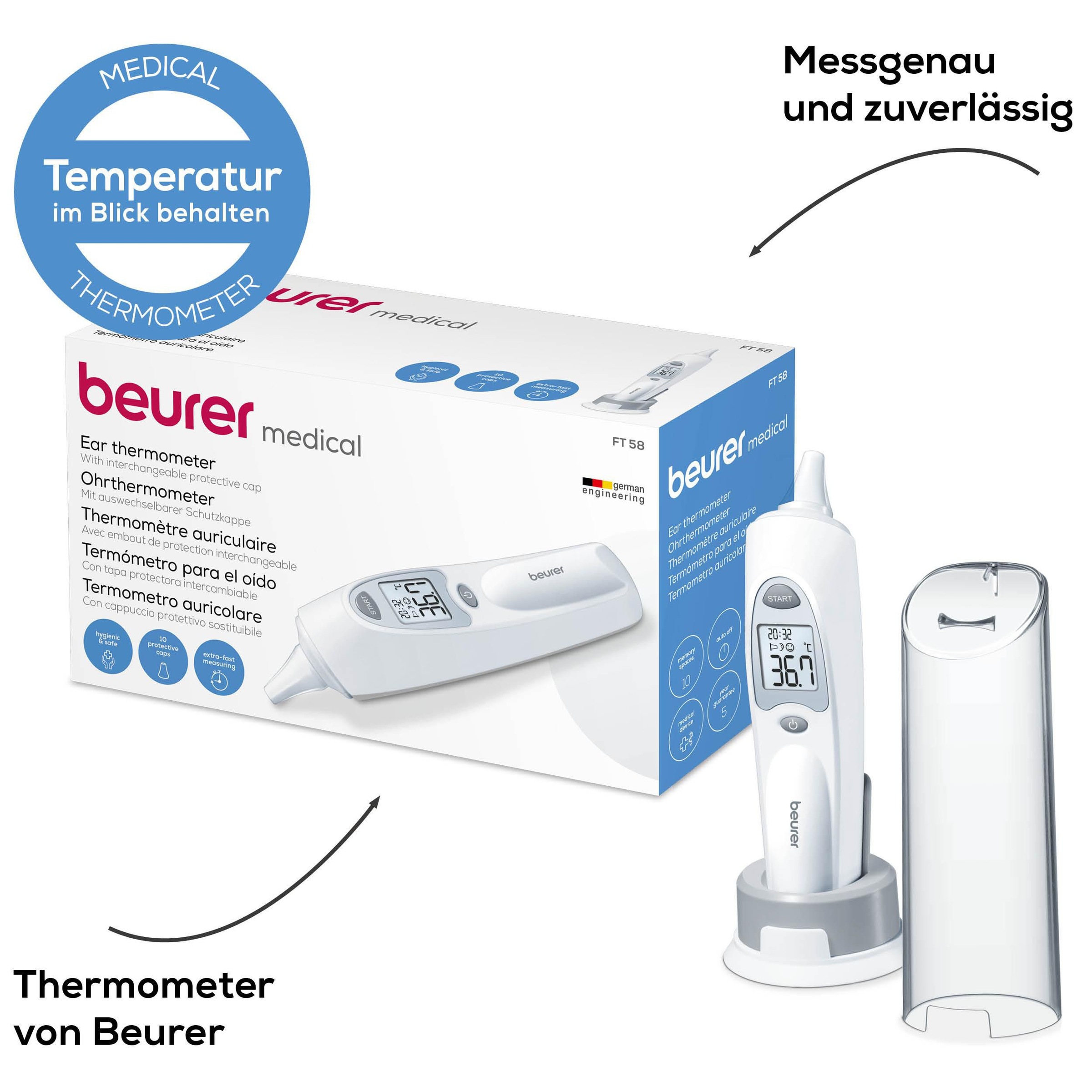 BEURER Ohr-Fieberthermometer »FT 58 mit Signalton bei Messende, Infrarot-Messtechnik«, Hygienische Messung dank Abwurf der Schutzkappe ohne Hautkontakt