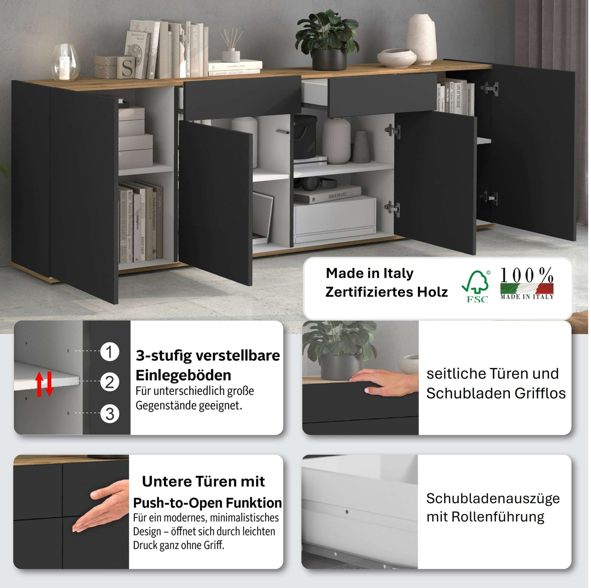 INOSIGN Sideboard »GARDA Sideboard,Kommode, Schrank, Kredenz Grifflos mit Push to Open«, (1 St.), 4 Türen, 2 Schubladen, grifflos Breite 200 cm